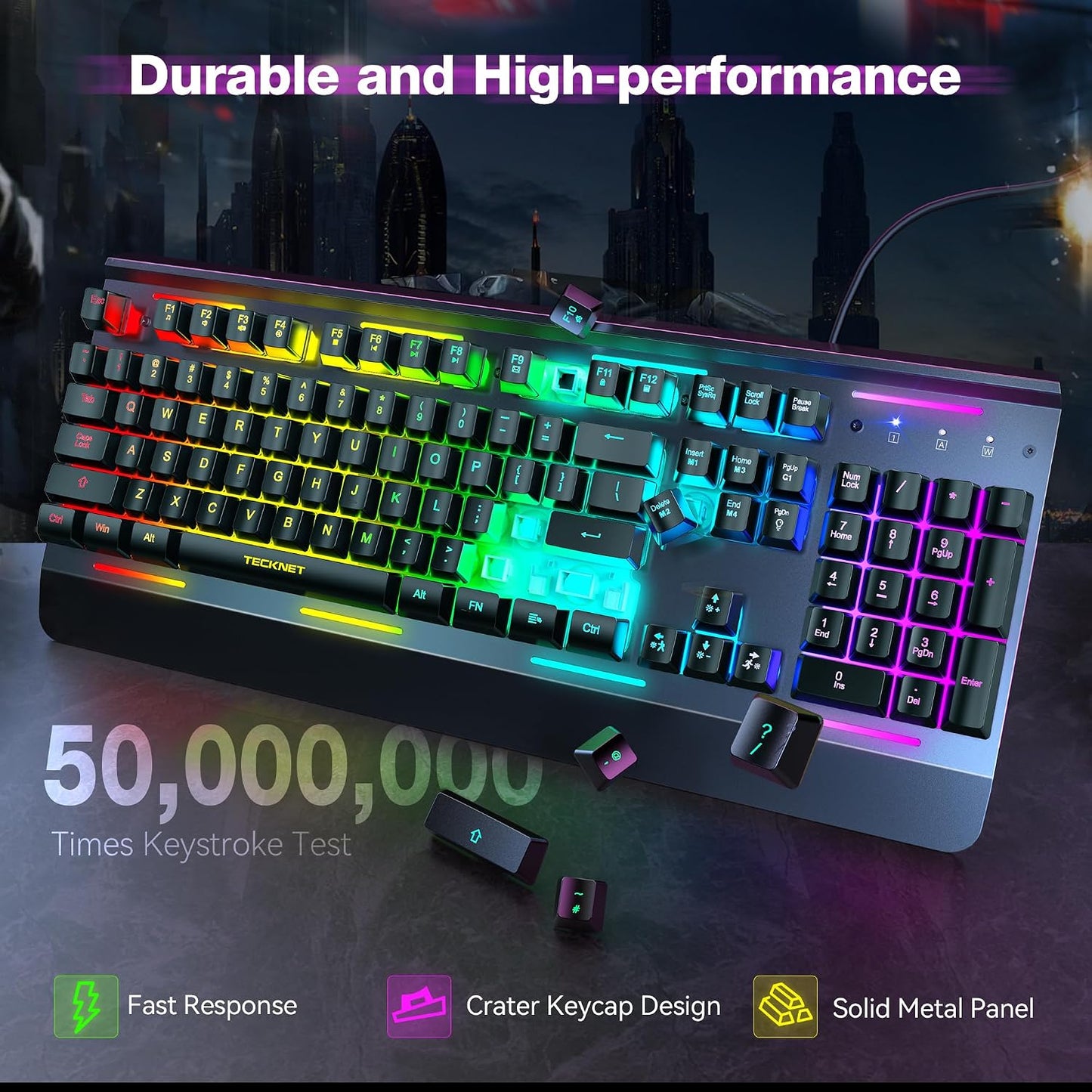 TECKNET Wired Gaming Keyboard, RGB Backlit Keyboard with Metal Panel Design | 15-Zone RGB Illumination, Whisper Quiet Design, IP32 Water Resistance, 25 Anti-ghosting Keys, Ergonomic Design