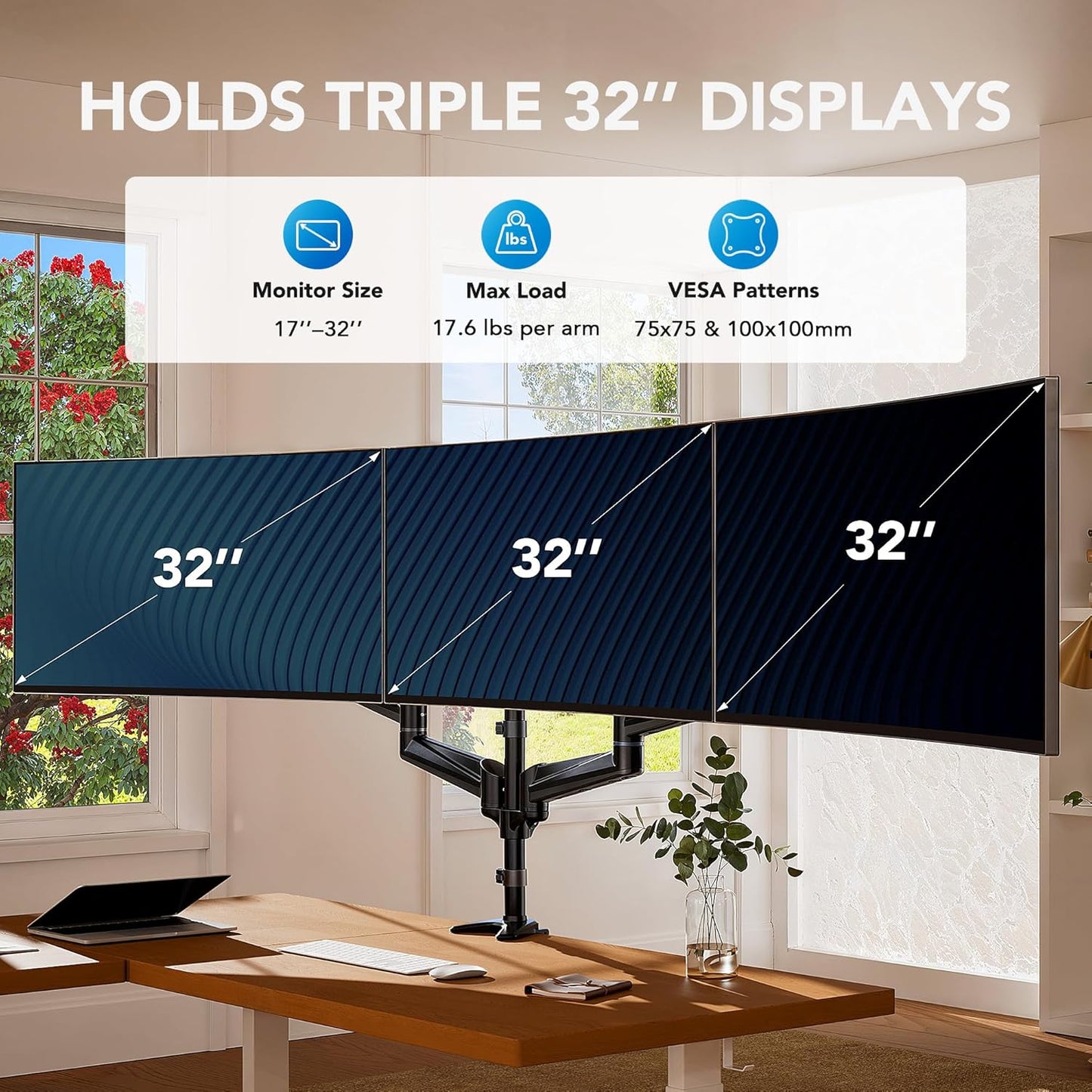 HUANUO Triple Monitor Mount for 17 to 32 inch Screens, Adjustment Gaming Triple Monitor Stand with Swivel, Tilt, Rotation, Clamp & Grommet Kit