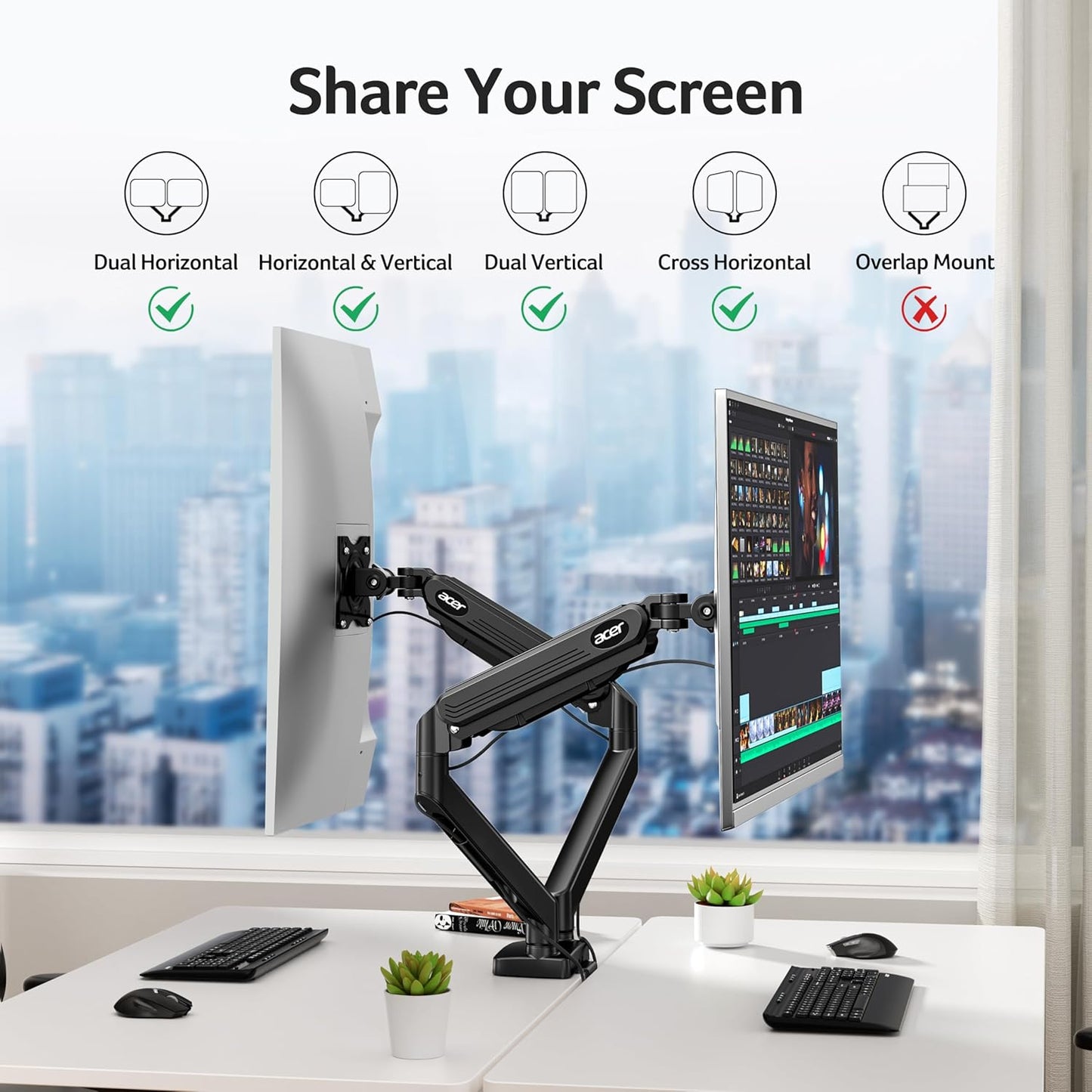 Acer Dual Monitor Arm, Gas Spring VESA Mount Stand for 17-32" Screens | Computer Desk Arm Fully Adjustable VESA 75x75/100x100 with C-Clamp & Grommet Mounting Base, Each Arm Holds 4.4 to 19.8 lbs