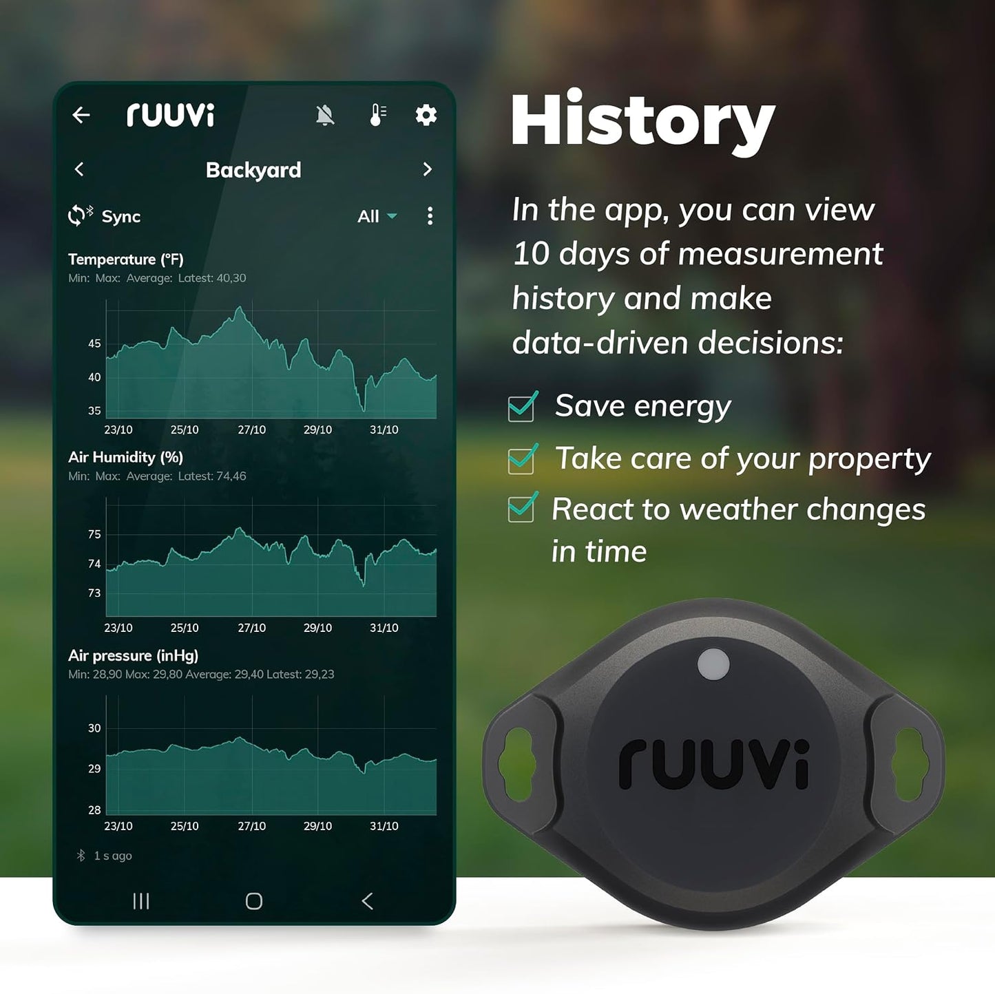 RuuviTag Pro 4in1 Wireless Bluetooth Temperature (°C/°F), Air Humidity, and Air Pressure. Alerts & History. Free Android/iOS apps. Integrates with Victron, Homey, and Home Assistant. Made in Europe.
