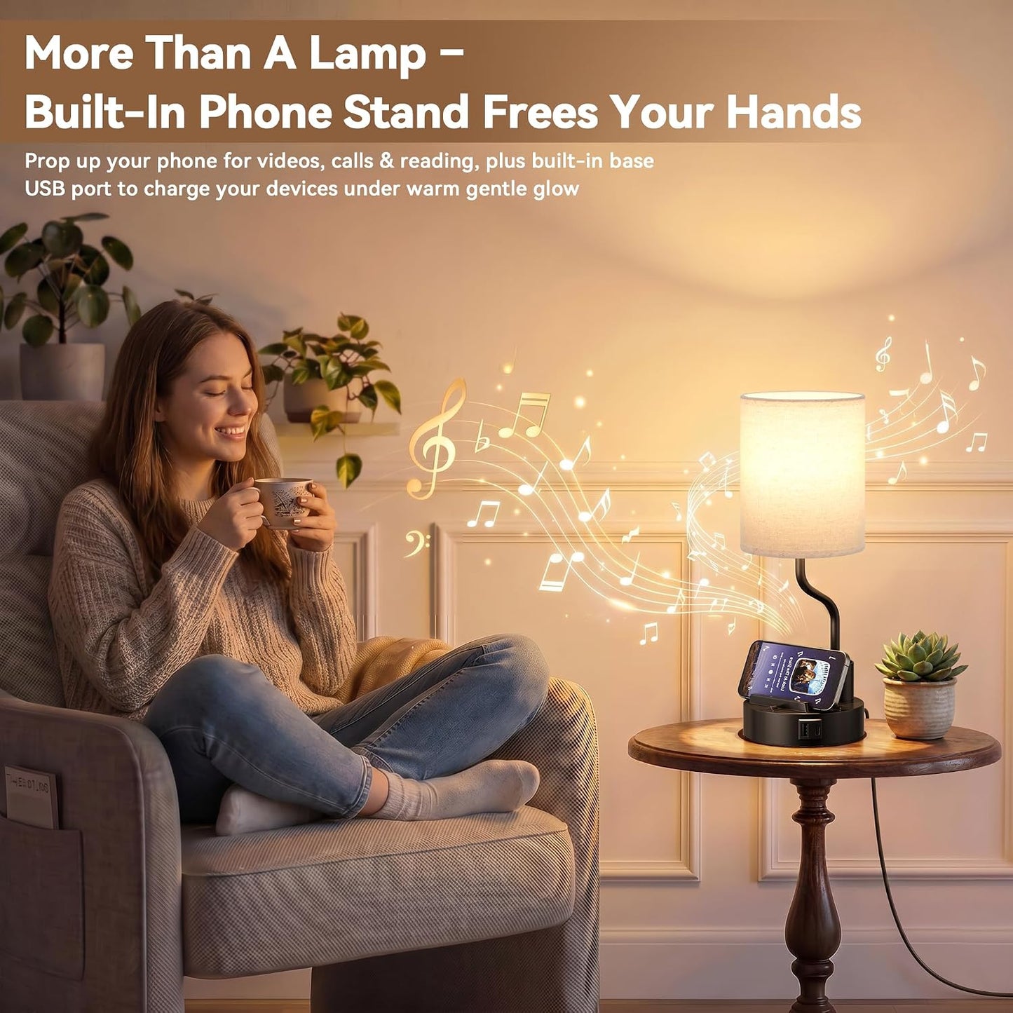 Fenmzee Bedside Lamps for Bedroom Set of 2 - Table Desk Lamp for Nightstand | 15" Table Lamp for Living Room with Pen Holder & Phone Stand, USB A+C Port, AC Outlet, 3 Color Temperature, LED Bulb Included