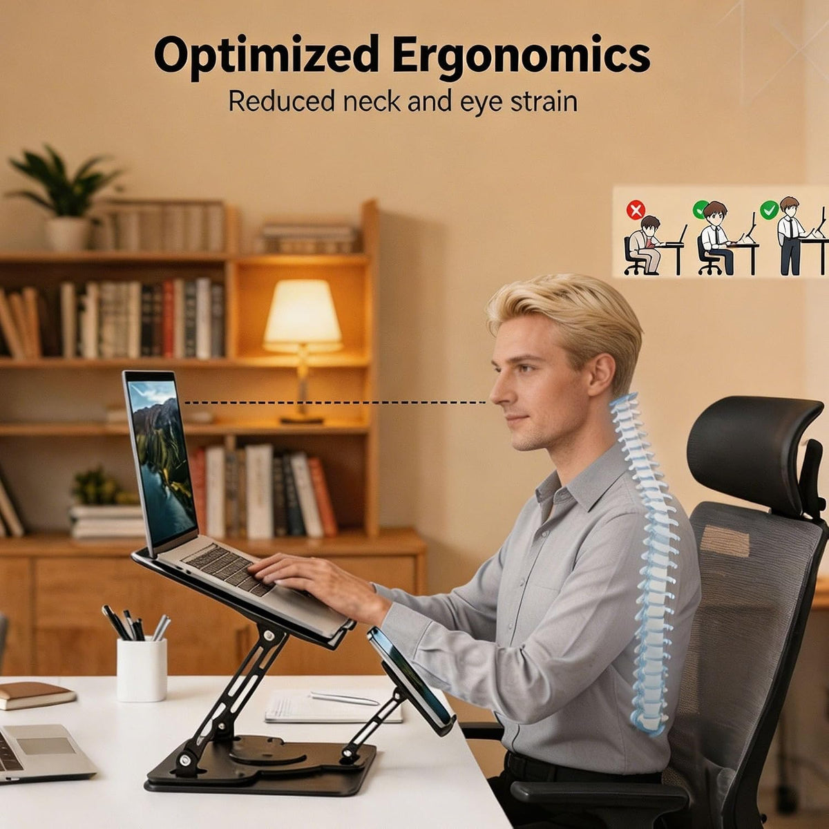 Laptop Stand for Desk with Quiet Cooling Fans - 2-in-1 Rotating Base with Phone Holder, Ergonomic Computer Stand, Aluminum Laptop Riser Foldable for Office Home fits MacBook Air Pro, Dell, HP (silver)
