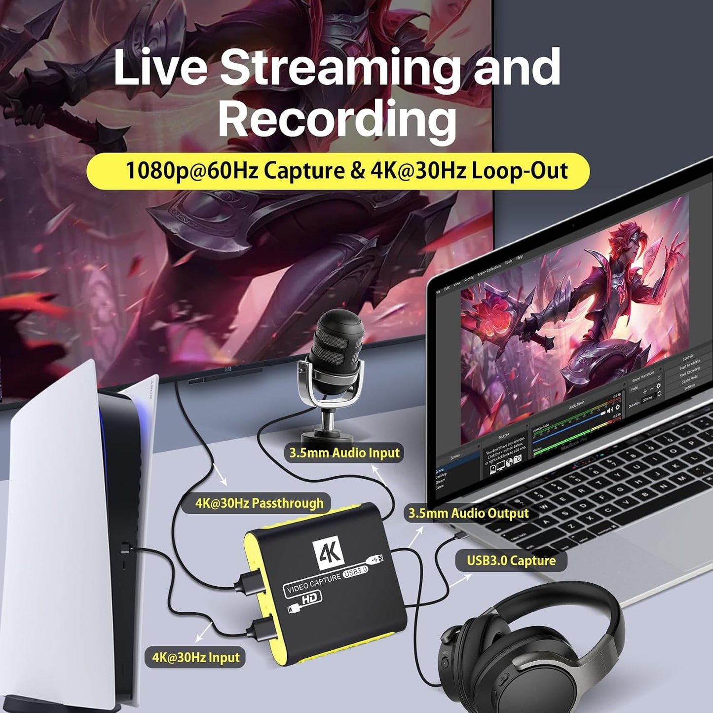 HDMI Capture Card for Nintendo Switch 2, 1080P 60FPS, Yellow | USB 3.0 plug and play, 4K 30Hz passthrough, works with OBS, PS5, Xbox, PC and Mac