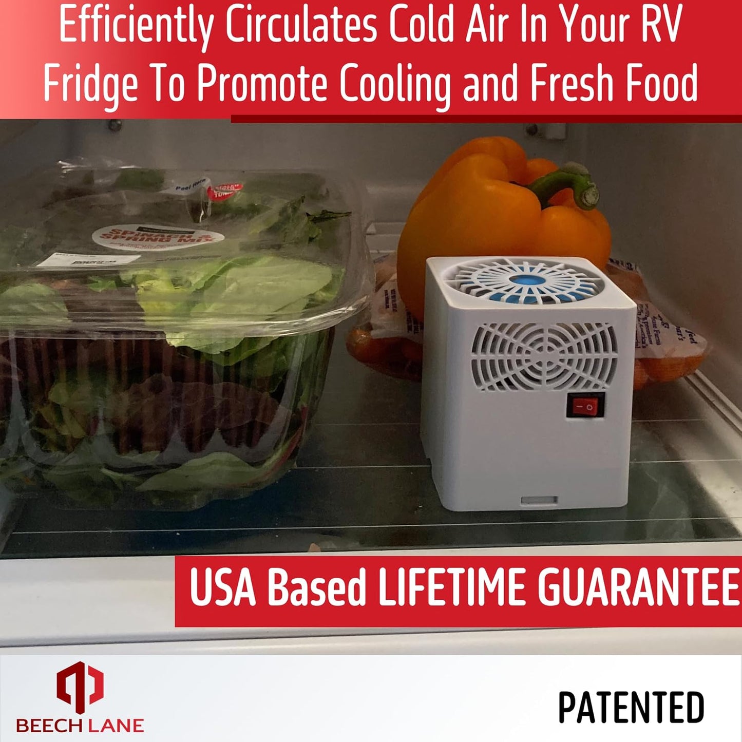 Beech Lane RV Fridge Fan, Patented, High Power 3,000 RPM Motor, Easy On and Off Switch, Multiple Side Vents Increase Airflow, Durable Construction, Helps Circulate Refrigerator Air (Natural)