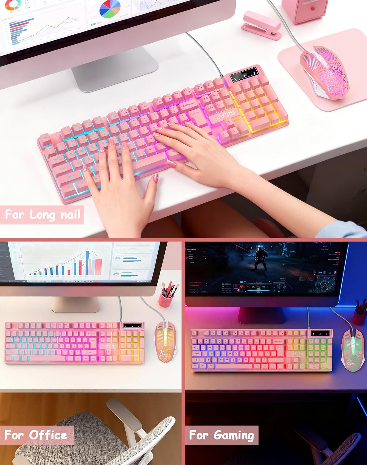Wired Pink Gaming Keyboard and Mouse Combo with LED Backlit for PC Laptop | Multimedia Function Keys, 19 Key Anti-ghosting, Number Pad, 104 Keys Light Up Keyboard & RGB Mouse Set for Computer PS5 Xbox