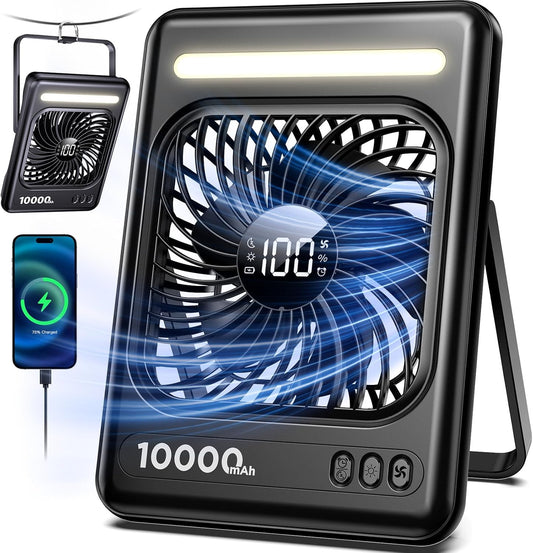 10000mAh Portable Travel Fan, 5 Speeds Strong Wind Cruise Fan with LED Lantern, 24H Runtime Personal Rechargeable Fan, 2/4/6/8H Timer, Ultra-thin Quiet Desk Fan for Camping, Office, Bedroom, Beach
