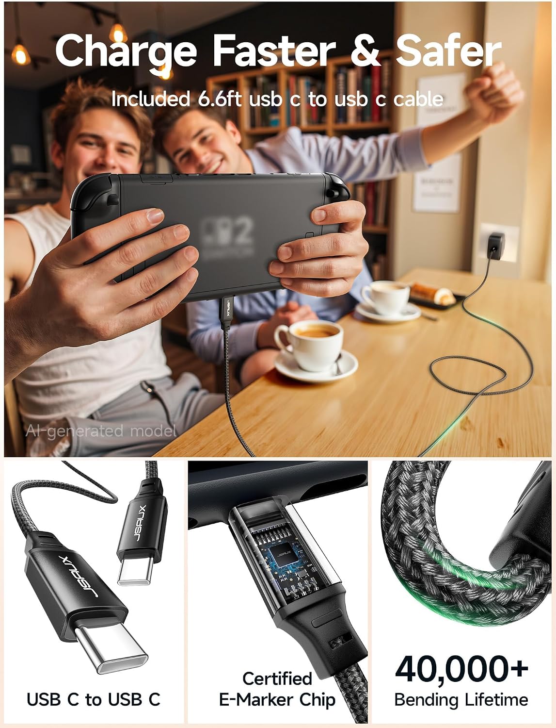JSAUX 65W GaN USB C Charger for Switch 2, EU/UK Plug, 6.6FT Cable, Black | Powers in TV Mode, GaN PD Fast Charge for ROG Xbox Ally, Steam Deck, ROG Ally, iPhone 17, Galaxy, Tablet & Laptop