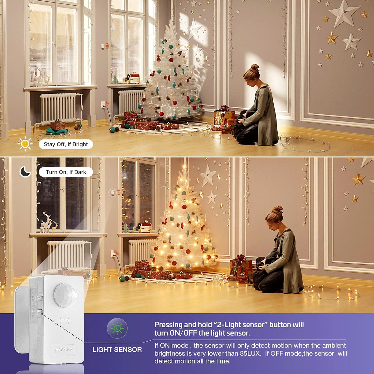 RAYZEEK Wireless Motion Sensor Control Outlet with Light Sensor,No WiFi/No APP, 2 PIR Sensor Switch Control 1 Plug for Christmas Tree Lights,Fans,Household Appliances,10A/1100W