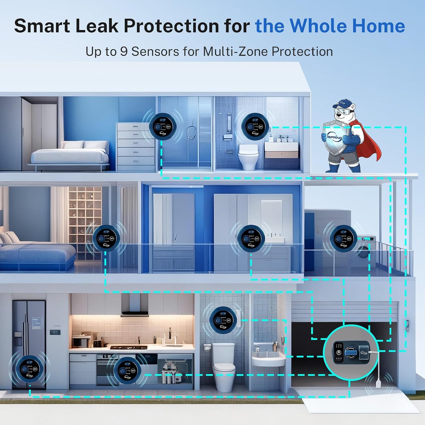 iSpring LS43WL Smart Leak Detector, 1 Wired + 1 Wireless