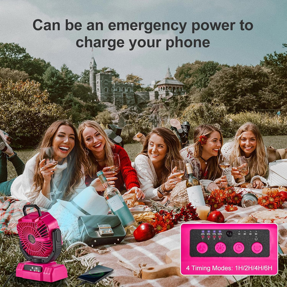 Odoland Portable Camping Fan with Light, 20000mAh Rechargeable Battery Fan | Desk Fan with Auto Oscillation, Timer, Remote, 360° Rotation Hook, 4 Speeds for Power Outage Travel Home, Pink