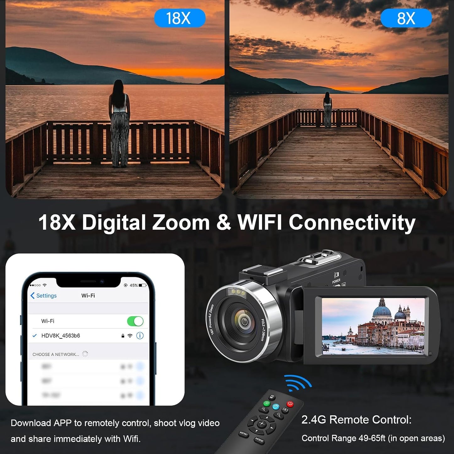 8K Video Camera Camcorder 64MP Wifi IR Night Vision Webcam Camcorders | Vlogging Cameras for YouTube with 18X Digital Zoom 3.0”Touch Screen Stabilizer, Mic, 64G SD Card, Remote Control, 2 Batteries