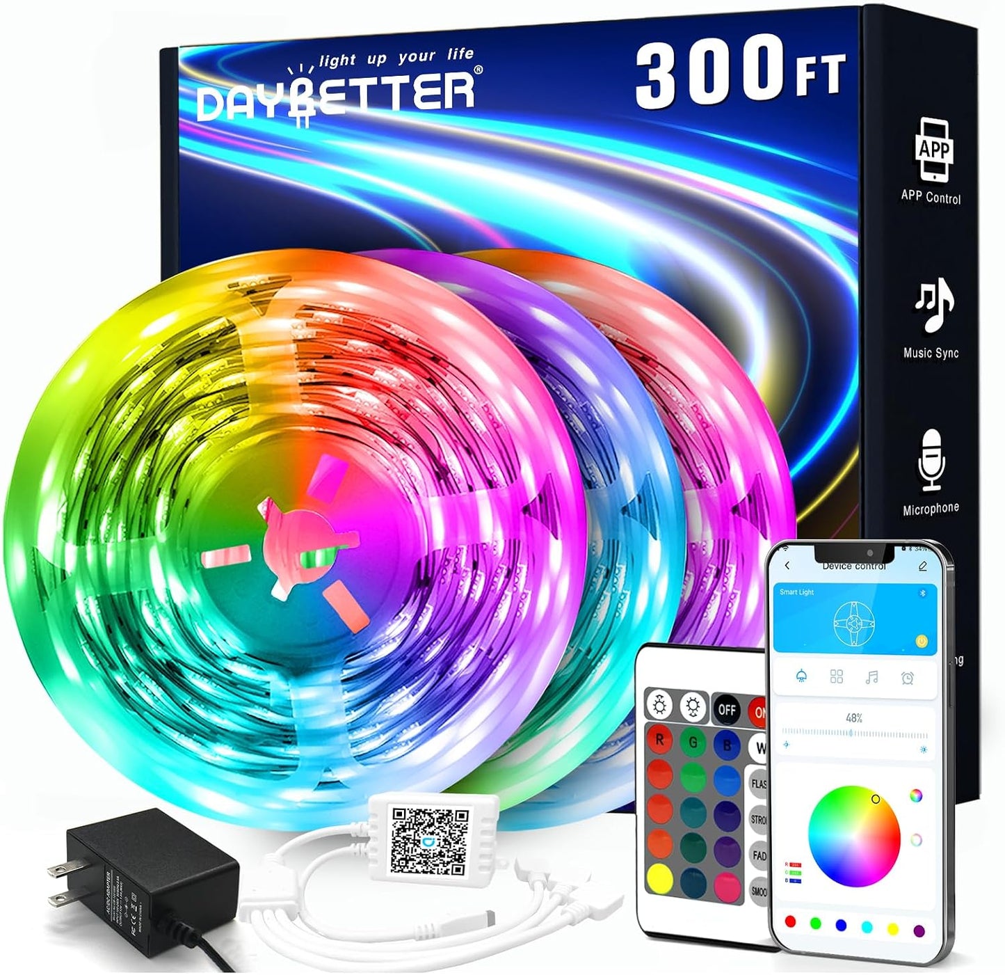 DAYBETTER LED Strip Lights 200 ft (2 Rolls of 100 ft), Smart App Control Lighting Bedroom Rome Decor with Remote, RGB Music Sync Color Changing LED Lights for Party