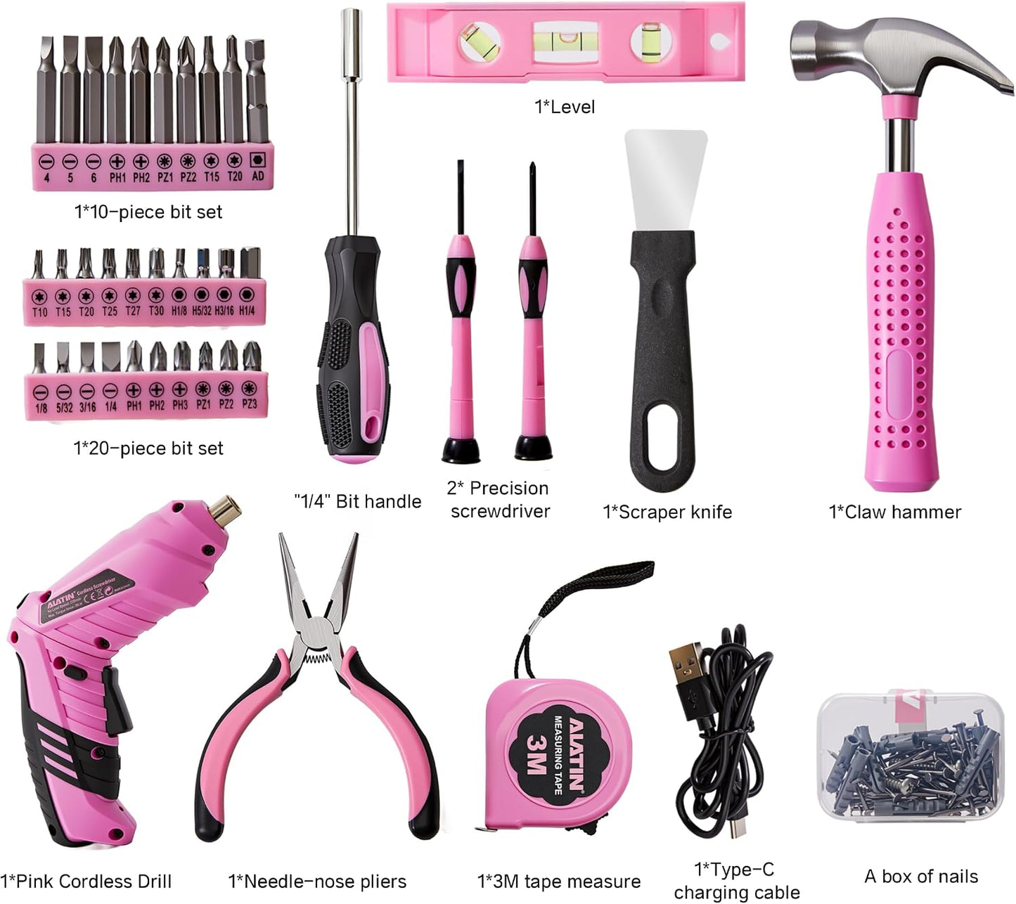 Pink Cordless Screwdriver Tool Set, 40-Piece Household Hand Tool Kit | With 3.7V Rechargeable Electric Screwdriver, Hammer, Pliers, Nails for Home Maintenance DIY Beginners
