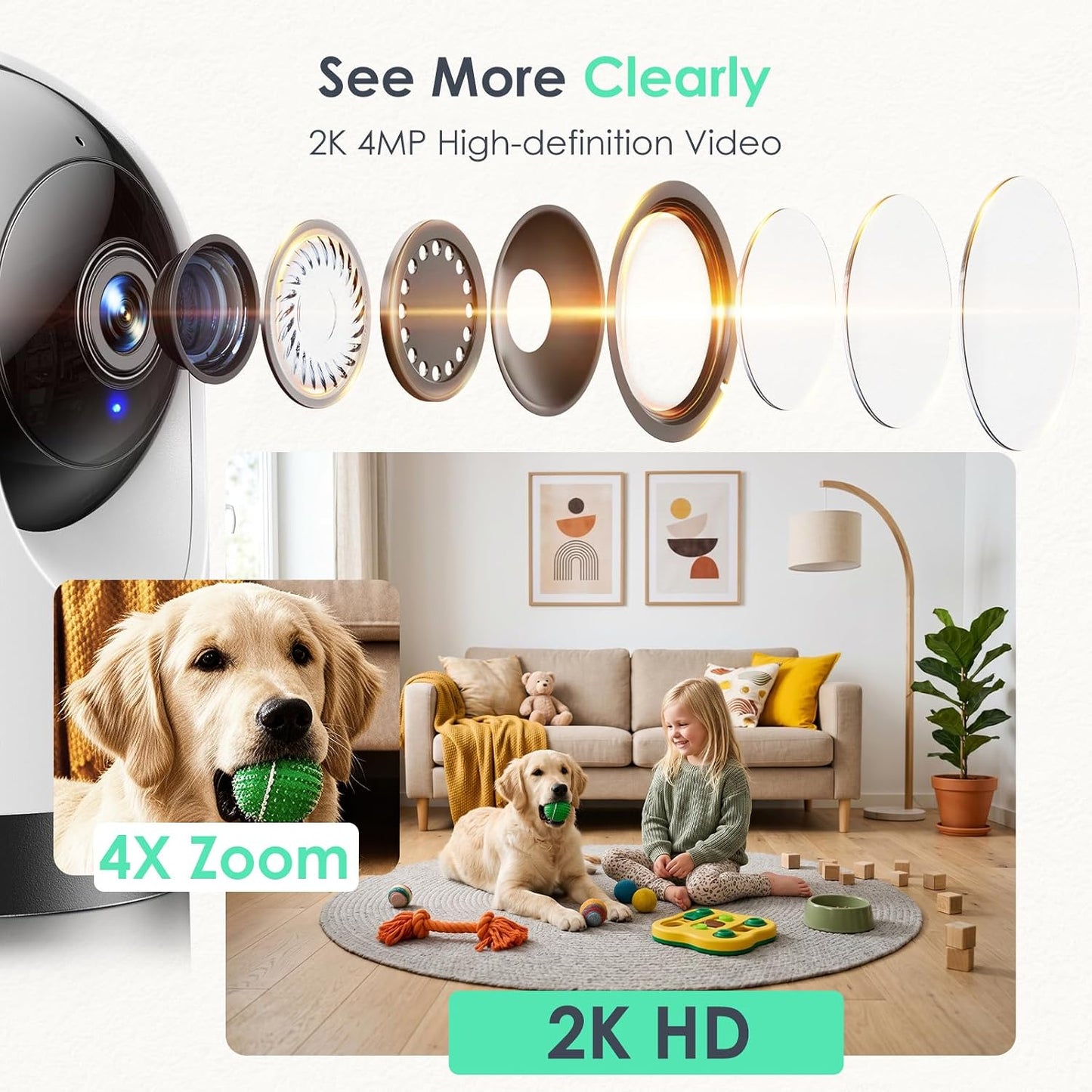 YOTON Indoor Security Camera, 2K 360° Wi-Fi Baby Monitor & Pet Camera w/Motion Tracking, 2-Way Audio, Night Vision, SD/Cloud, Compatible with Alexa & Google Home, 2.4/5GHz