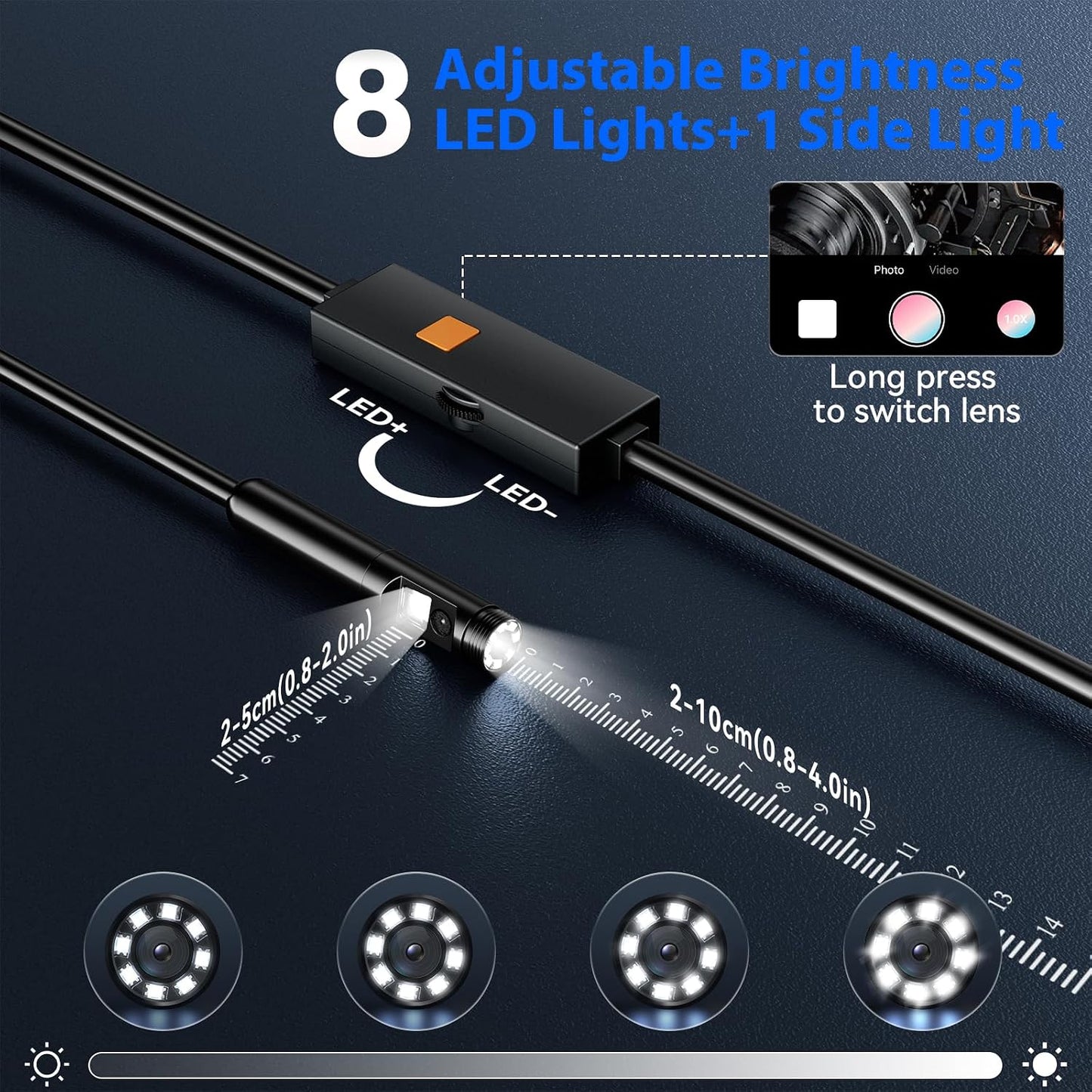Endoscope Camera with Light, Dual-Lens 1920P HD Borescope Tools with 8+1 Adjustable LED Lights, 16.4FT Semi-Rigid Snake Cord IP67 Waterproof Inspection Camera for iPhone, iPad, iOS and Android Phone