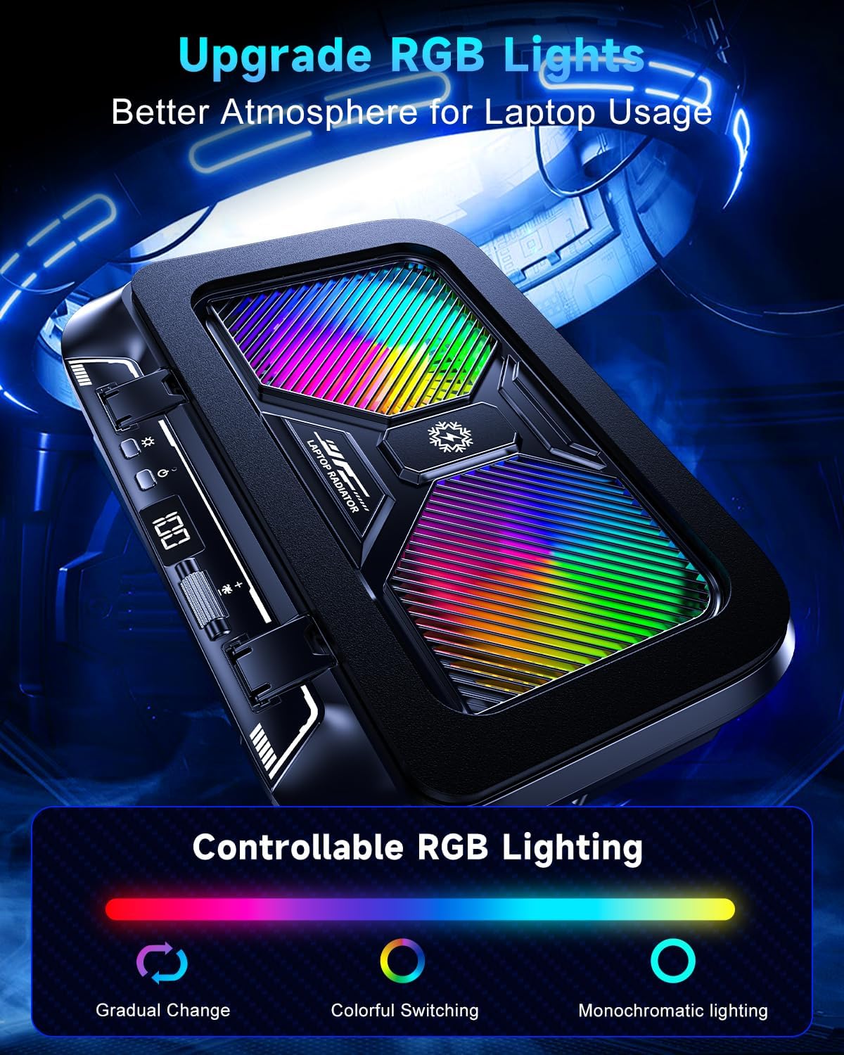 Laptop Cooling Pad with Dual Core Cooler, Gaming Laptop Cooler with 5.5in 2 Powerful Turbofan(9500 RPM), Fast Cooling Laptop 12-21in, 5 Height Stands, 100 Gear Speed, LCD Screen, RGB, Phone Holder