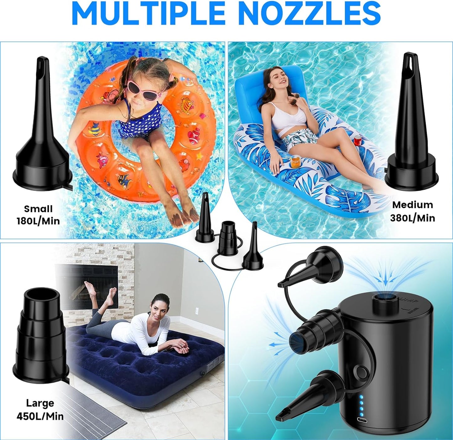 Air Pump for Air Mattress, Air Mattress Pump for Inflatables, Quick Fill Inflator Deflator Air Pump Perfect for Outdoor Camping Inflatable Boat Blow Up Pool Water Toy Car Air Bed