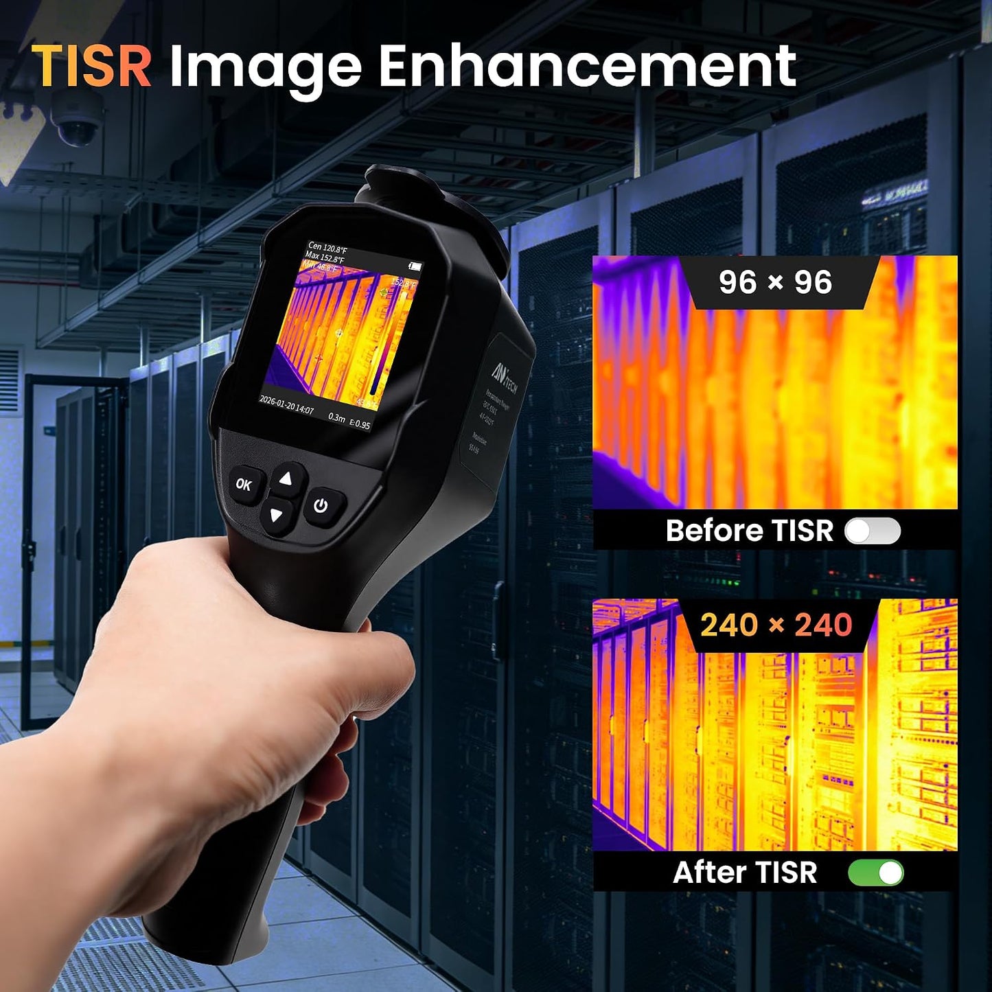 240x240 Thermal Camera 25Hz Handheld for Leak Detection HVAC | 14hr battery, 50°FOV, 2.8" LCD, for home inspection, electrical, plumbing, roofing, automotive diagnostics