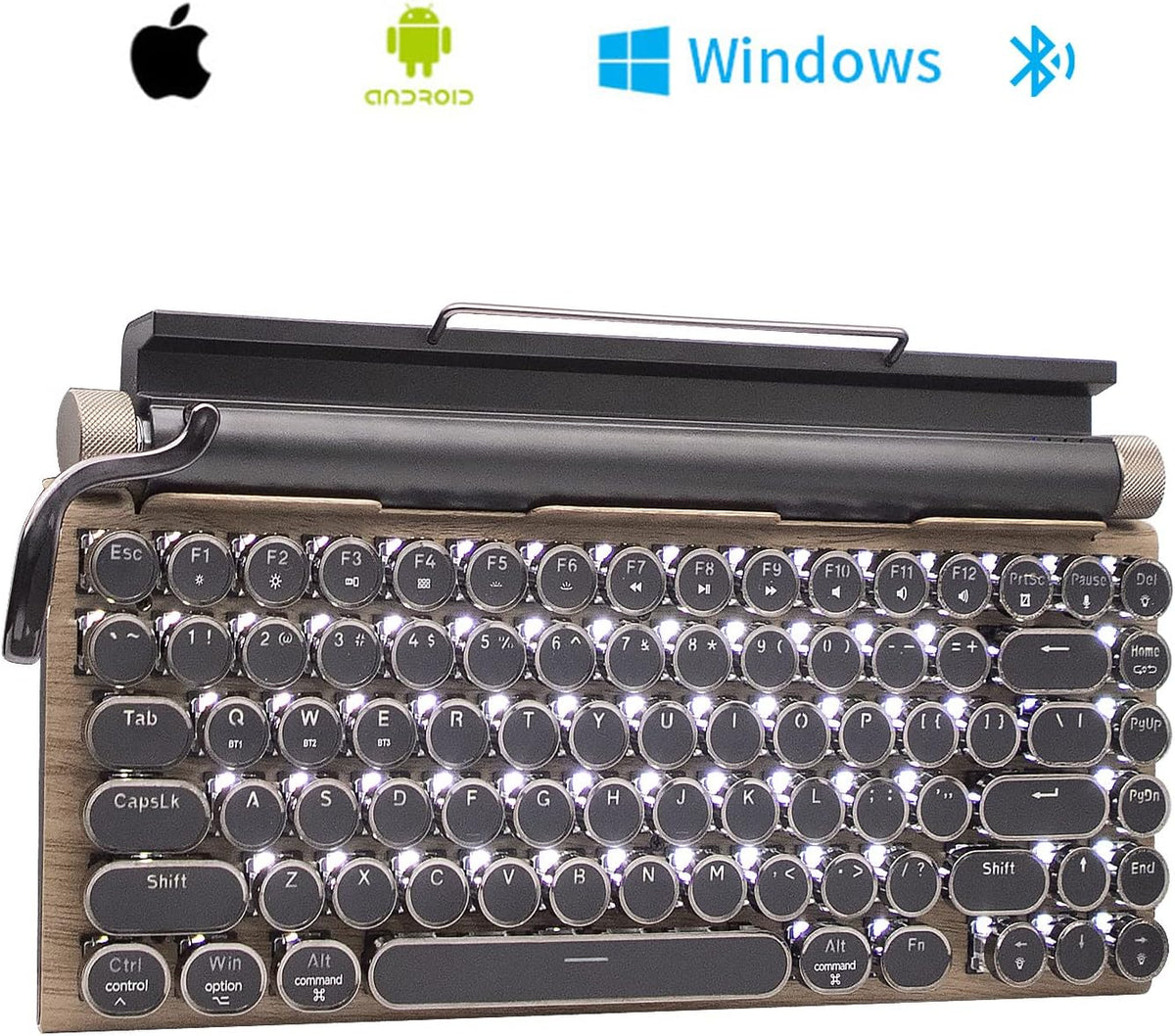Retro Mechanical Keyboard, Punk Bluetooth Wireless & Wired, 75% Layout, LED Backlit, Round Keycaps, 83 Keys, for iOS/Android/Windows/Mac/iPad, Wood Color