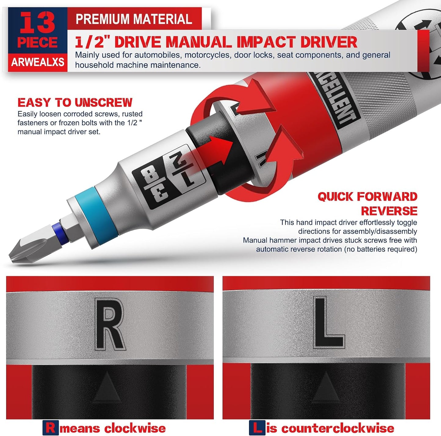 13 Piece 1/2" Drive Manual Impact Driver, Reversible Hand Impact Screwdriver Set with Slotted, Hex, Phillips Bit Kit, for Tighten and Rusted Fasteners or Frozen Bolts, with Storage Case