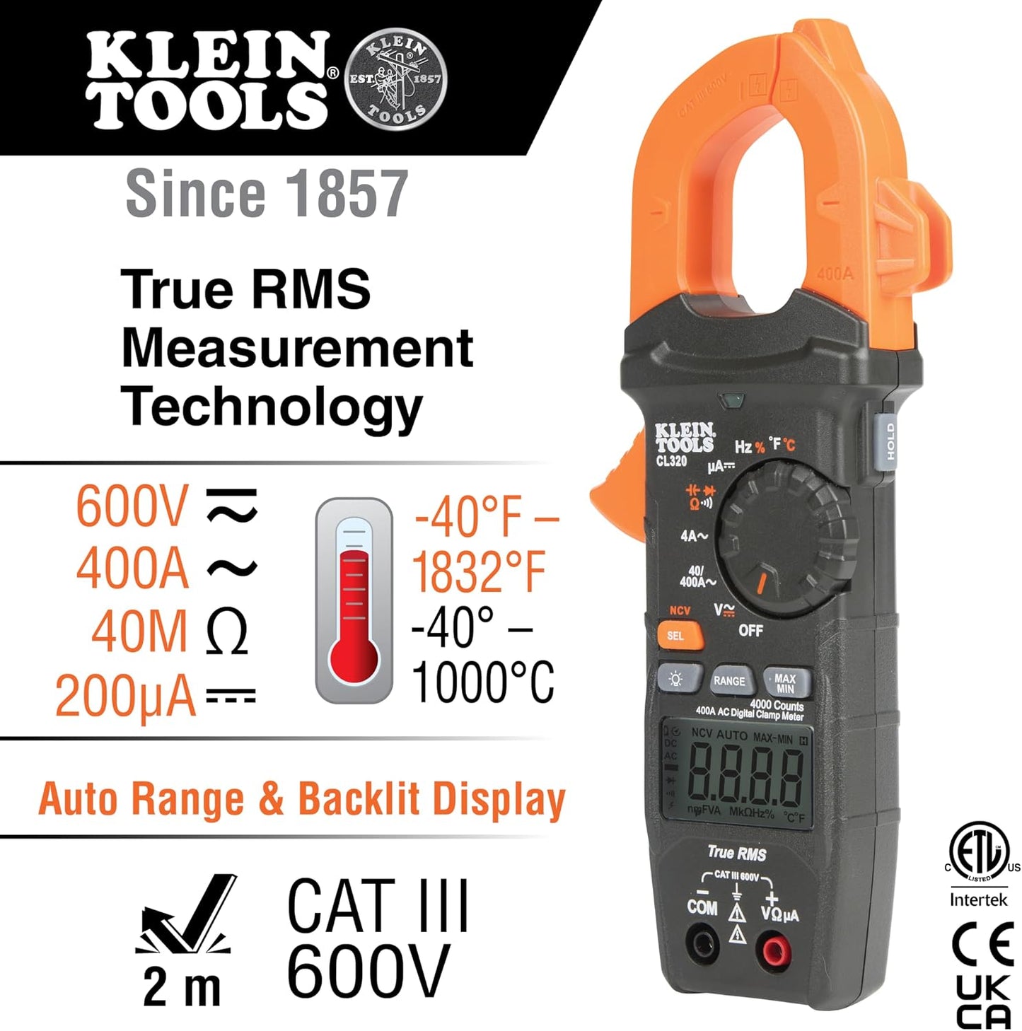 Klein Tools CL320 Digital Clamp Meter, HVAC AC Auto-ranging 400A, AC/DC Voltage, TRMS, DC Microamps, Resistance, Frequency, NCVT, Temp, More
