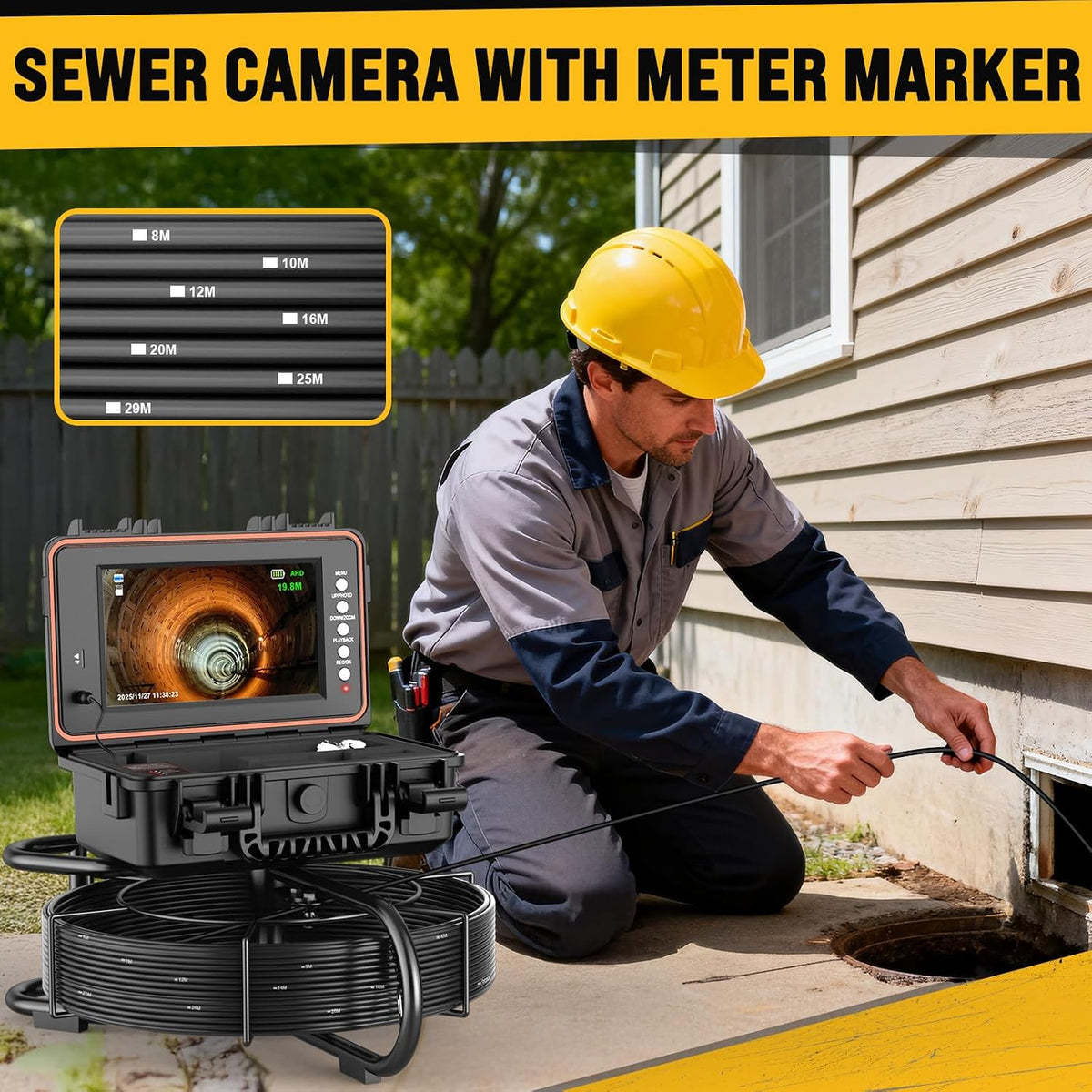 Anysun Sewer Camera Self Leveling 100ft, Sewer Inspection Camera with Meter Marker, HD Screen, DVR, 12 Adjustable LED Lights, 7mm Cable, 5100mAh Rechargeable Battery, 32GB Card