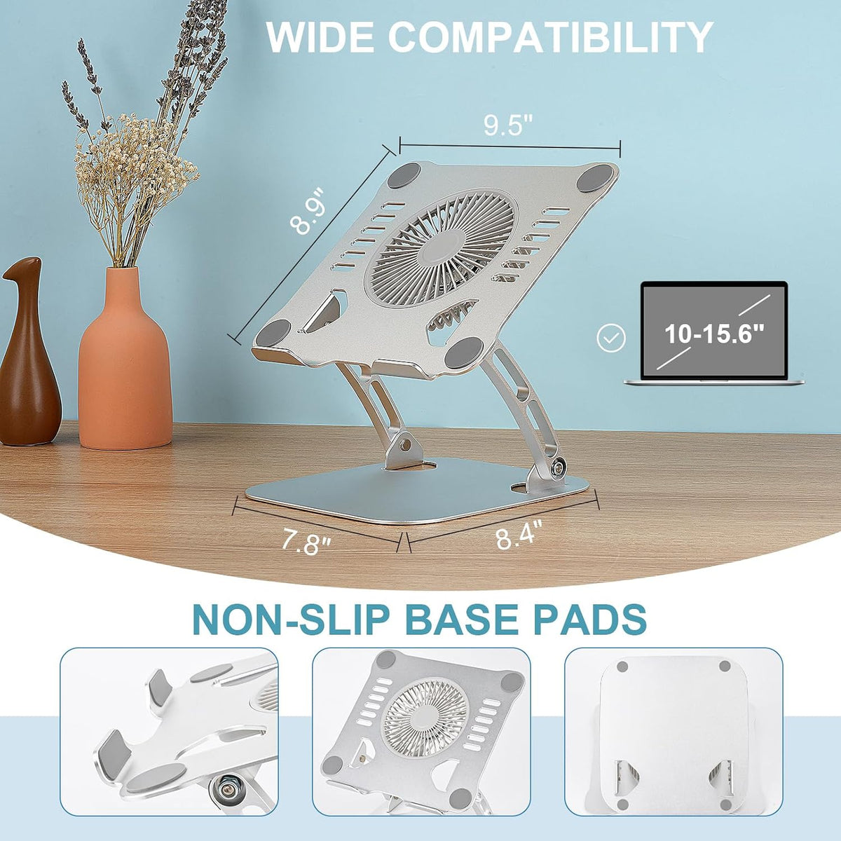 SHUWEI 360° Rotating Laptop Cooling Stand w/Fan, Fits 15'' Laptop, Silver
