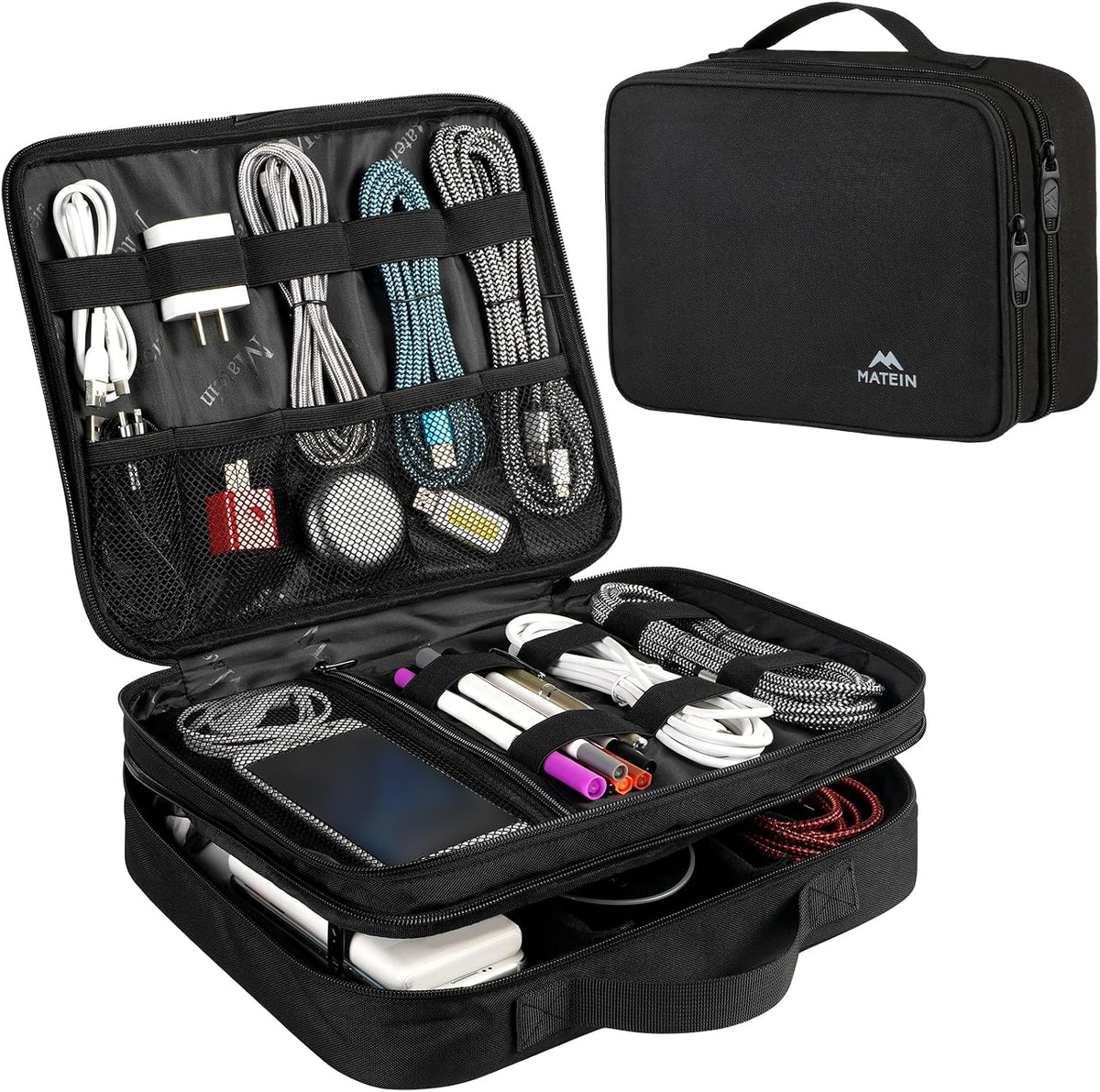 MATEIN Cable Organizer Bag, Large Travel Storage Bag, Sturdy Tool Case | with Handle, Carrying Case for Phone, Cord, Electronics Accessories, Tablet (Up to 12.9inch), Powerbank, Hard Drive, Black