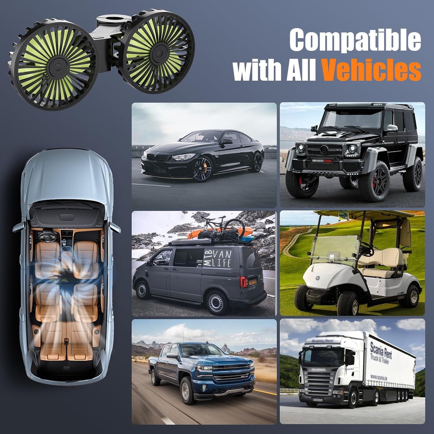Dual-Head USB Car Cooling Fans for Backseat Kids 3 Adjustable Speeds