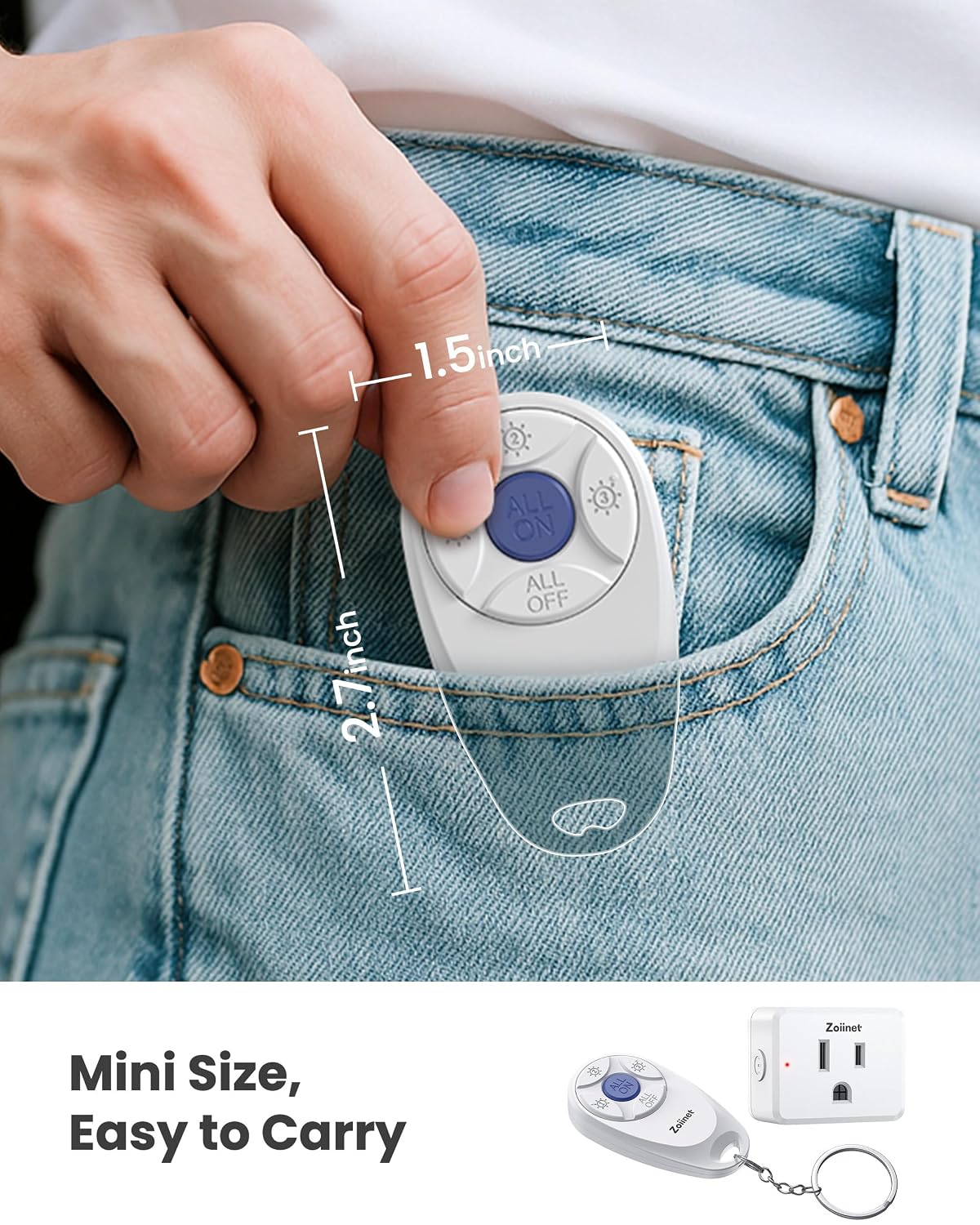 Zoiinet Mini 3-Gang Remote Control Outlet Plug Switches, Mini Key Design | 80-275V/15A/1500W, Removable, No Wiring No WiFi, 300 ft, Expandable, for Household Appliances, Christmas Tree, Fans, Lamps