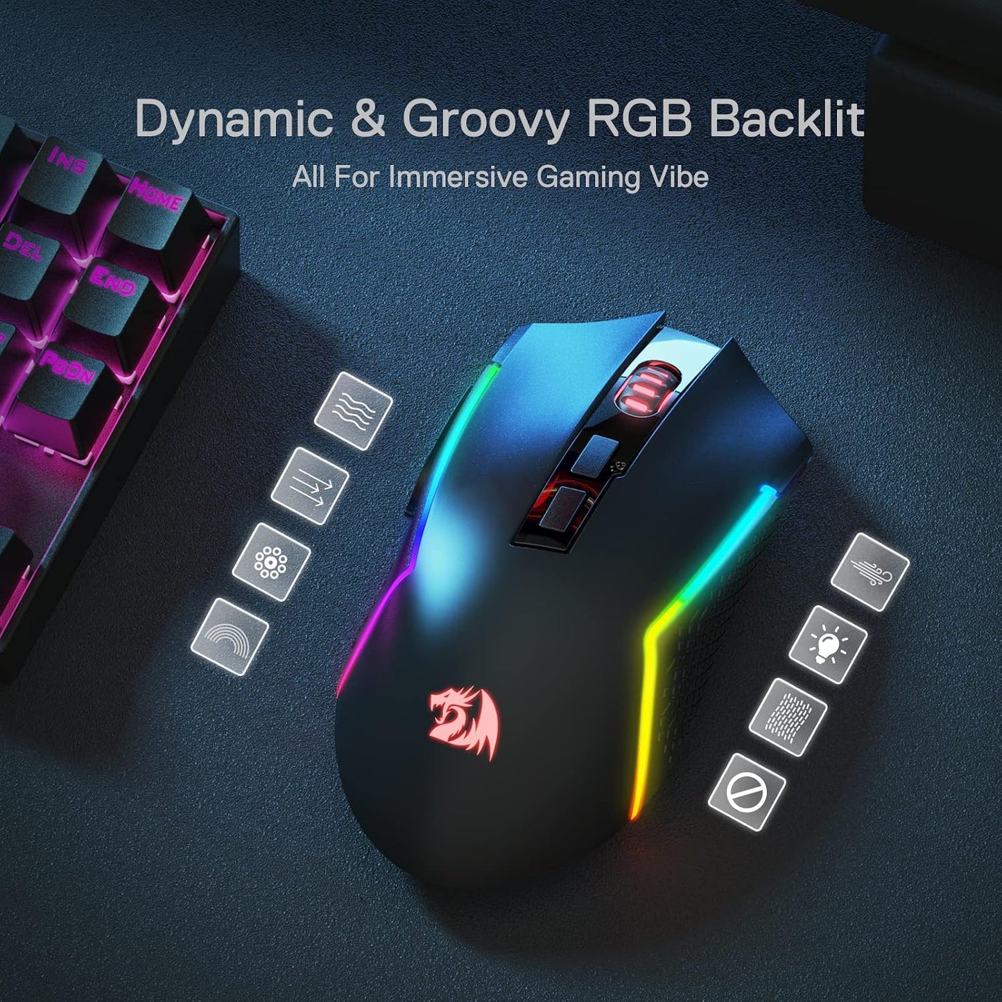 Redragon M693 LIT Wireless RGB Gaming Mouse 12800 DPI Remapping Keys | Cable-Free 0 Delay, Redefine Keybinding Macro, Vibing Backlight, Ergonomic Grip Body Comfort