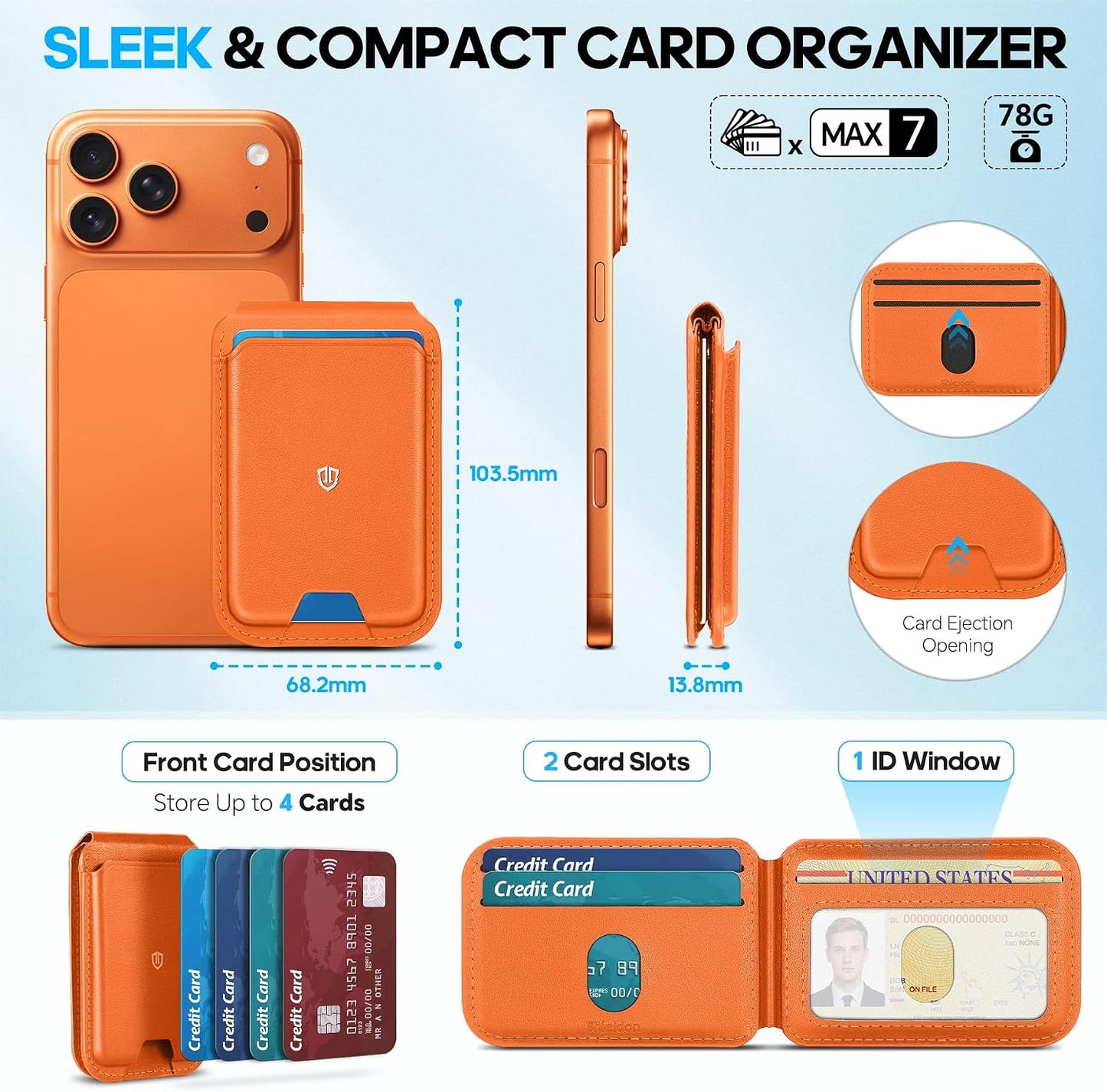 SHIELDON Genuine Leather Magnetic Wallet Stand for MagSafe, Orange | Strong Magnetic, 6 Card Holders, Kickstand, Rfid Blocking, Quick-access, ID Window, for iPhone 17/16/15/14/13/12 Series