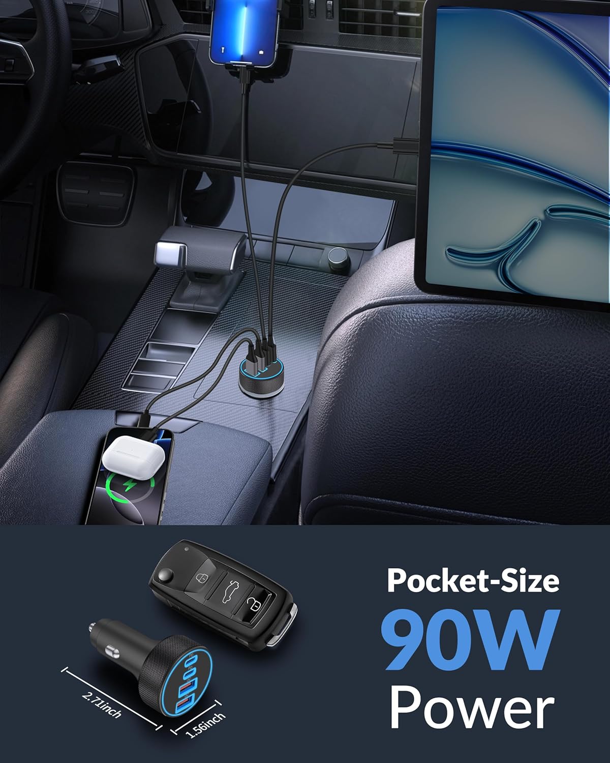 USB C Car Charger, 4-Port 90W Super Fast Charging Cigarette Lighter Adapter | [4 in 1] Dual 45W USBC & USB-A, Multiport Car Phone Charger Accessories, for iPhone 17 16 15 14 13 12, iPad, Galaxy, Tablet