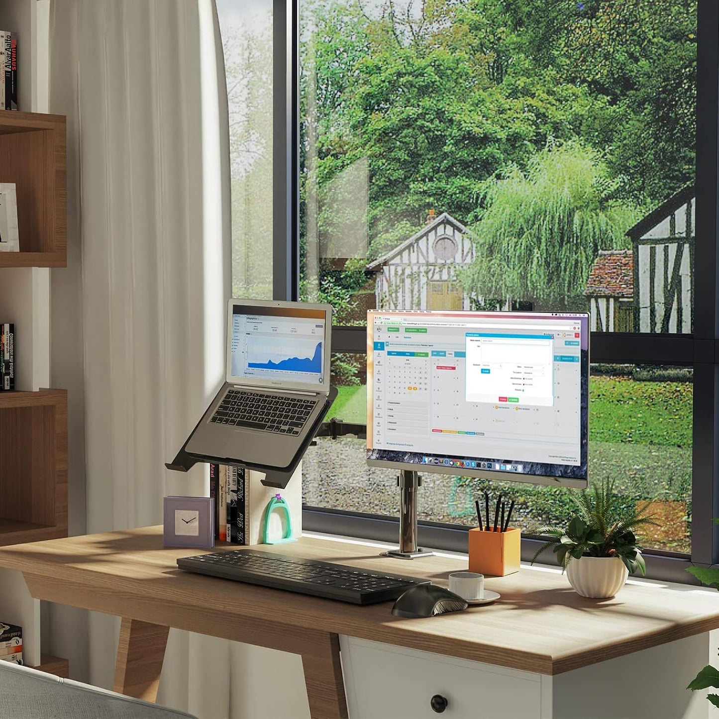 Monitor and Laptop Mount for 13"-27" Screens and Notebook up to 17 inch | Monitor Arm with Vented Tray, Fully Adjustable Laptop Mount Stand Holds up to 17.6lbs, VESA 75/100mm