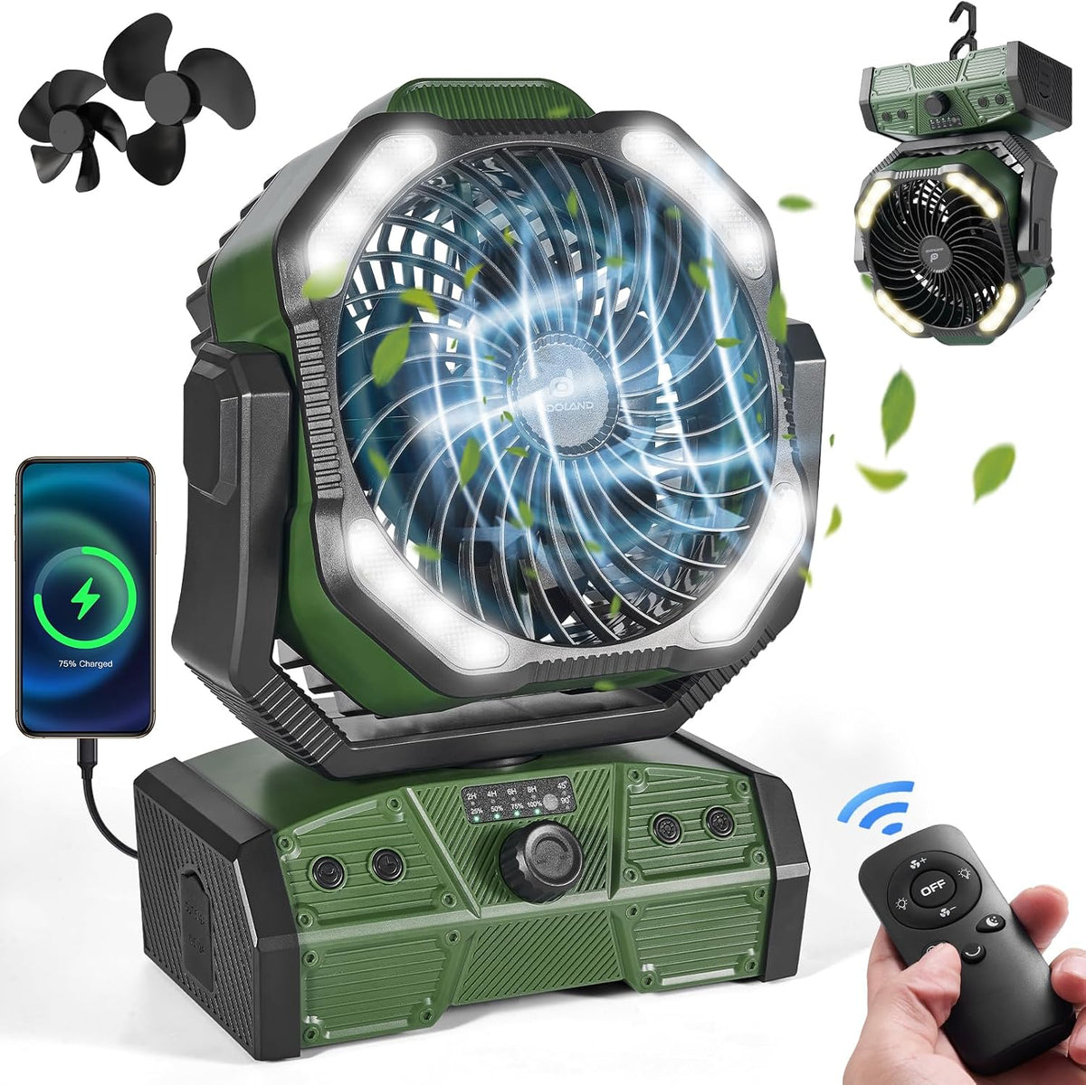 Odoland 40000mAh Camping Fan with Lantern, Battery Operated Oscillating Fan | Desk Fan with Remote & Hook, Rechargeable Outdoor Tent Fan with Timer for Hurricane Power Outage Travel Jobsite RV, Green