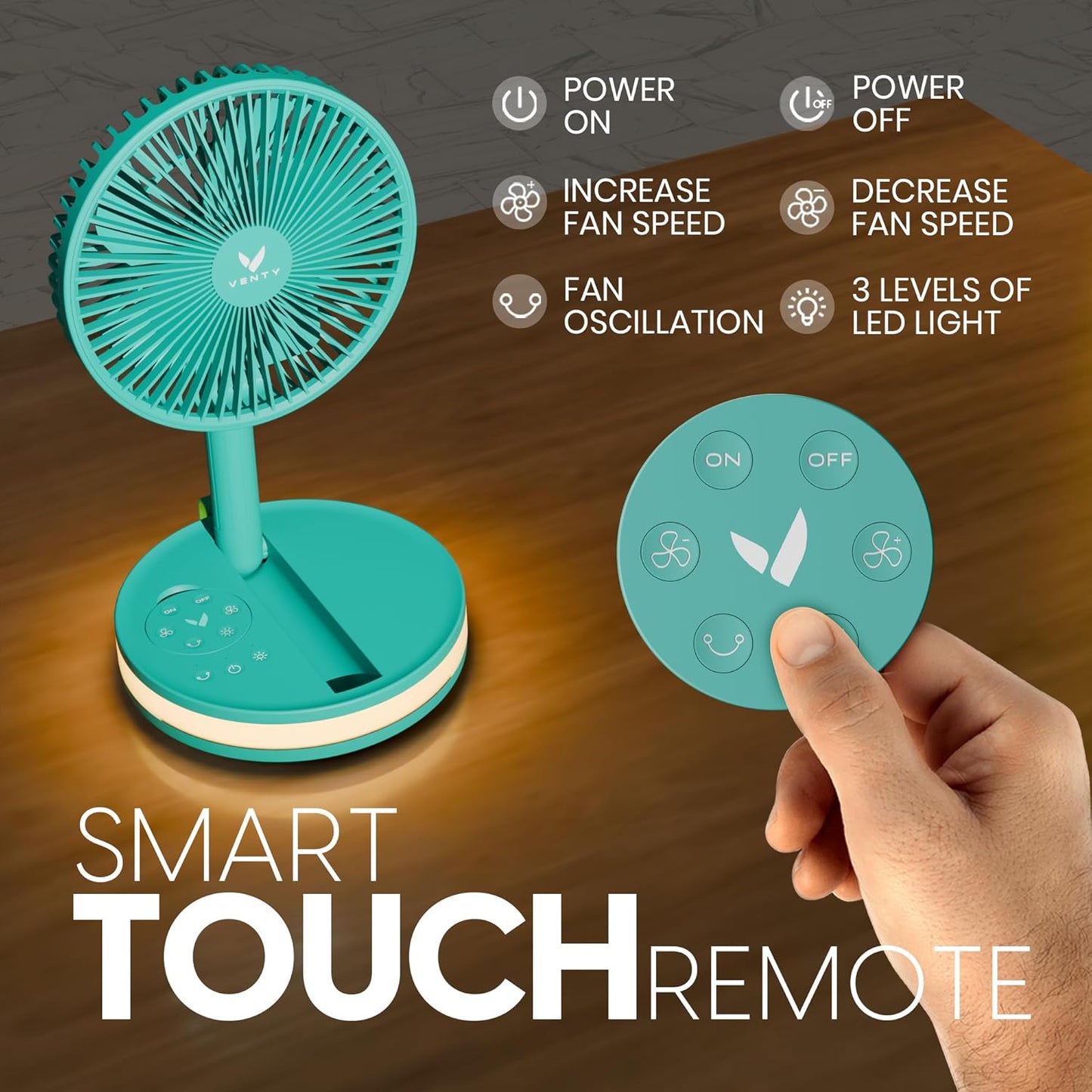 VENTY Portable Fan - Wireless Battery Operated Fan - 4 Speeds - LED Lighting - Carry Case & Remote Control - Cruise Travel - Outdoor Travel RV Power Bank With USB-C Port (Mint with Case)
