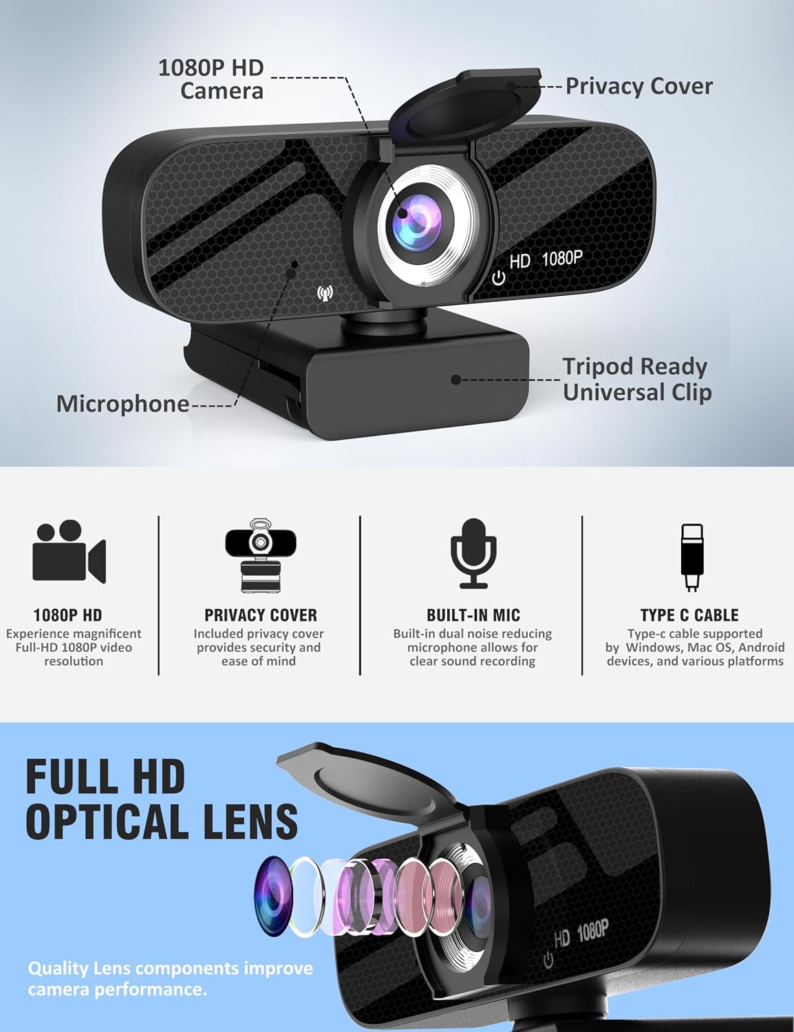 HD 1080P Webcam with Built-in Microphone and Rotatable Tripod, 1080P Video and Wide Angle Camera, Privacy Cover, for Desktop PC or Laptop Computer （Black）