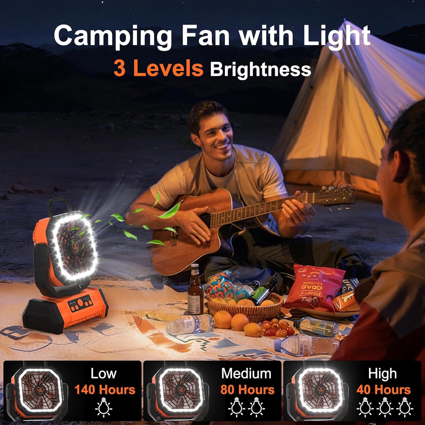 Honesorn 20000mAh Rechargeable Fan Portable 11-Inch, with LED Light Remote | Up to 60H Runtime, 45°/90°Oscillating, Hanging Hook, 4 Speeds, 8H Timer, USB-C Charging, for Camping, Tent, Travel, Outdoor