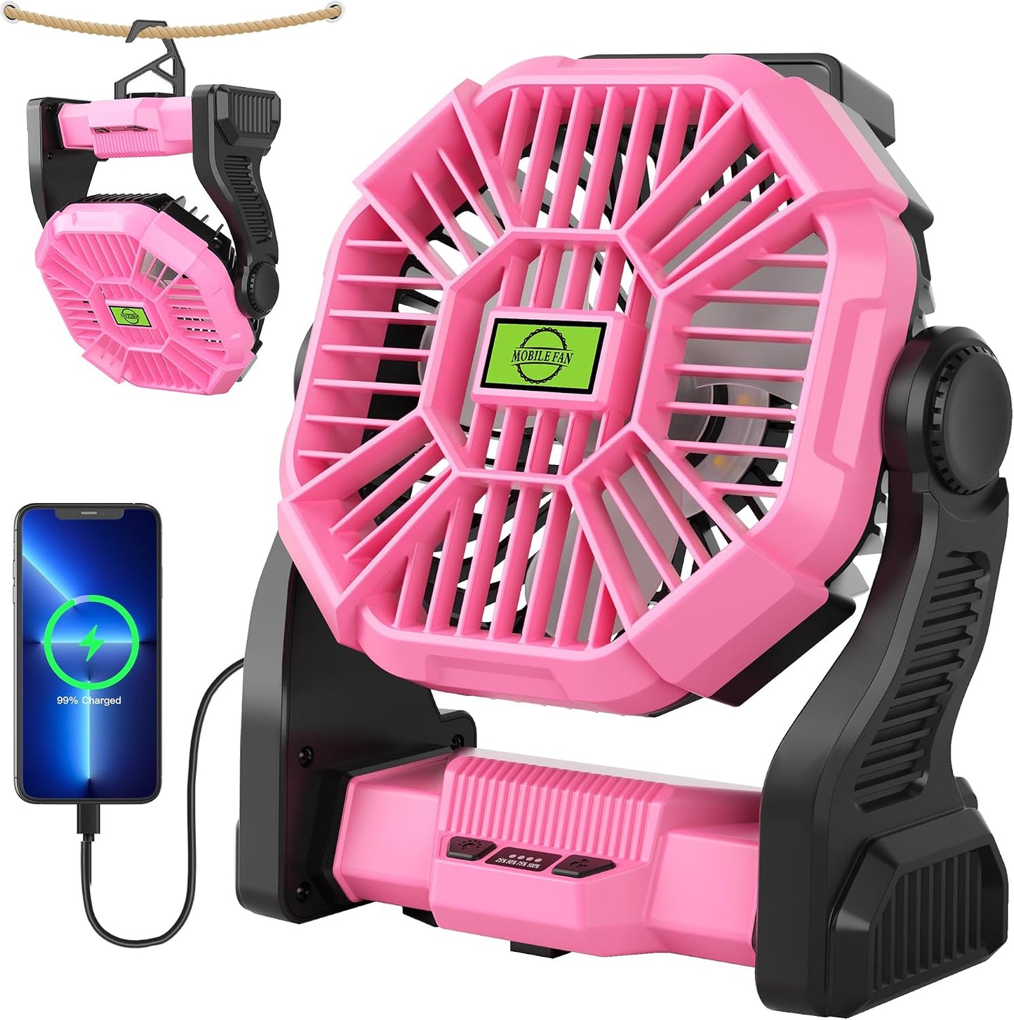 Portable Fan Rechargeable Camping Tent Fan Rechargeable Essentials | 20000mAh Cordless Battery Powered Operated Fan Camping Fan with Light, USB Rechargeable Desk Fan Portable for Travel X23 Pink