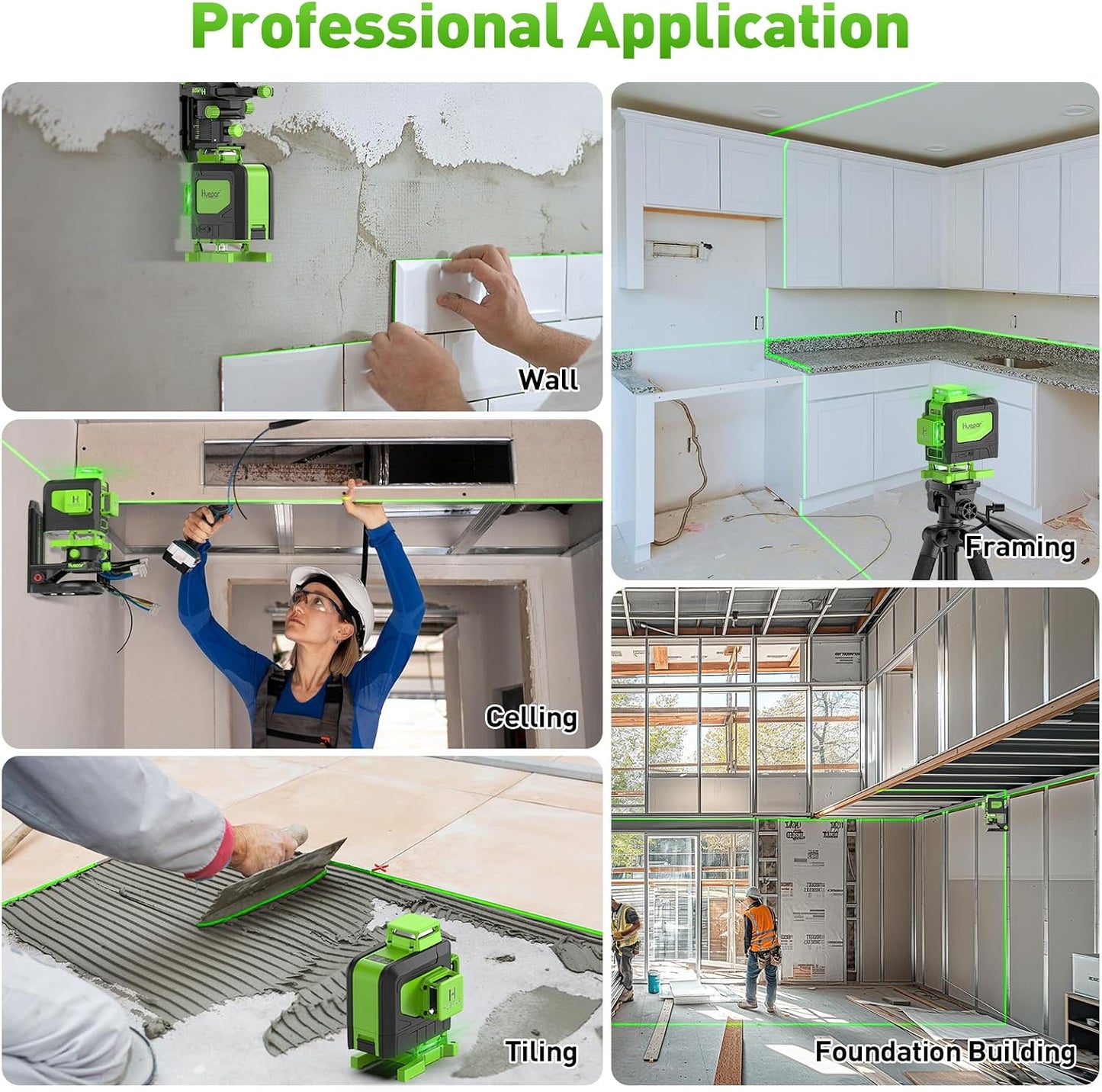 Huepar Laser Level 4x360 Self Leveling with 60" Tall Tripod, 4D Green Cross Line Lazer Leveler Tool with Outdoor Pulse Mode, 16 Lines Great for Tiling, Ceiling, Wall Work & DIY Home Renovation