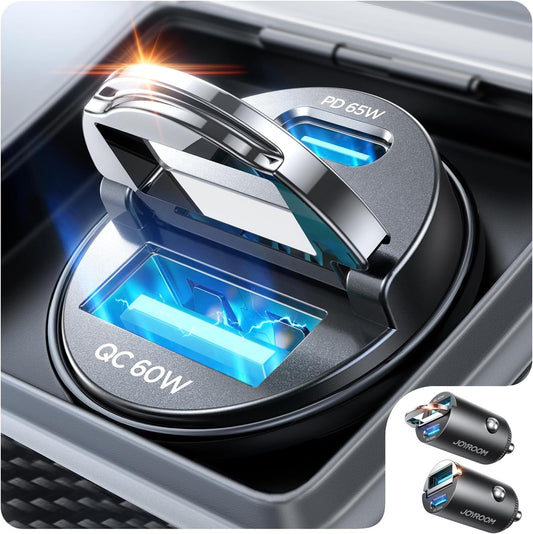 JOYROOM 2-Pack 125W USB-C Car Charger, 2-Port Cigarette Lighter USB Charger | Low Profile Flush Fit w/ Pull Ring, 65W PD USB-C + 60W QC USB-A, Dual-Port Fast Car Charger for iPhone, Galaxy, Pixel, iPad