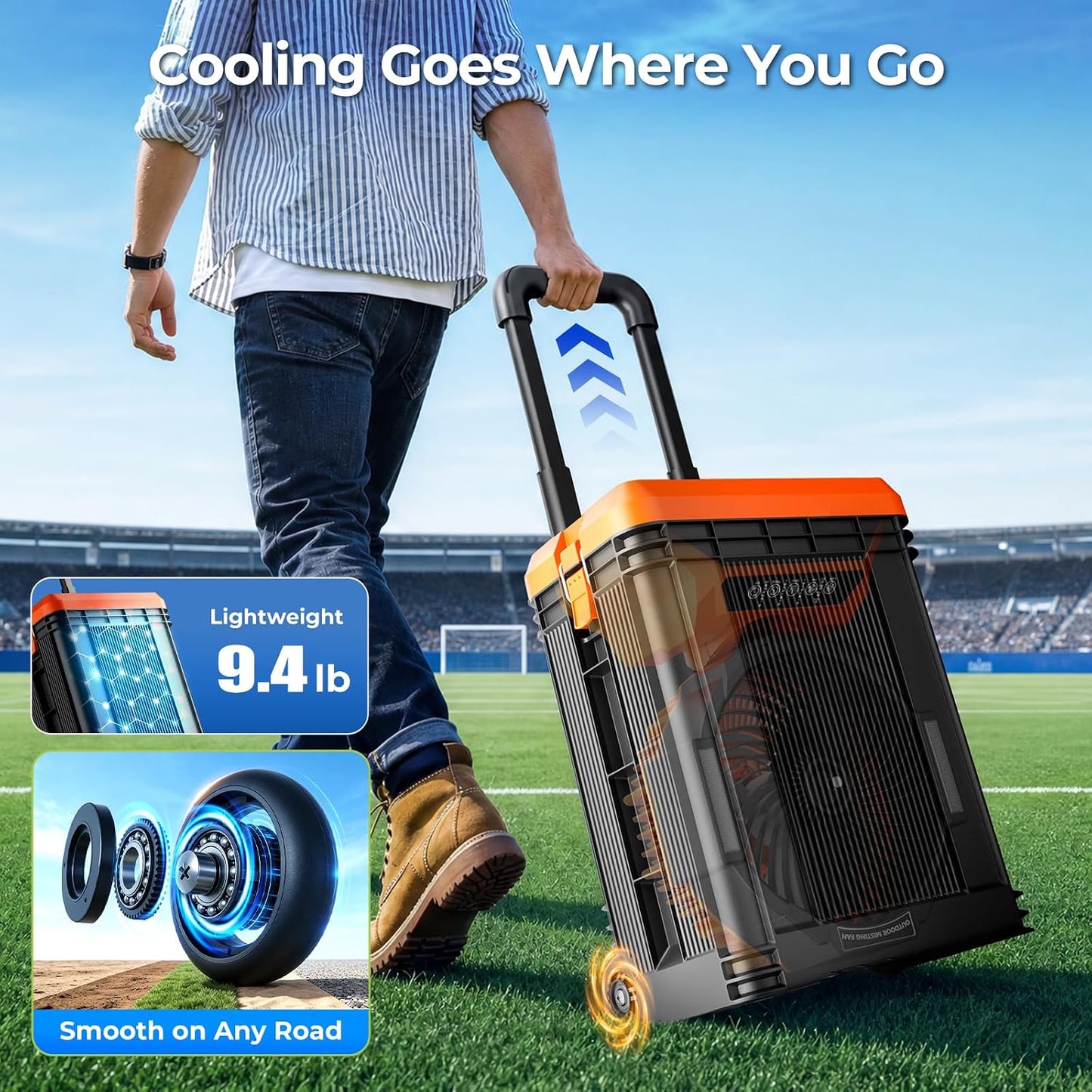 40000mAh Portable Misting Fan, 62H Max Runtime Rechargeable Mister Fan with 15L Bucket, Retractable Handle, Wide-Angle Oscillating Mist Fan for Outside Patios Golf Sports Camping Essentials