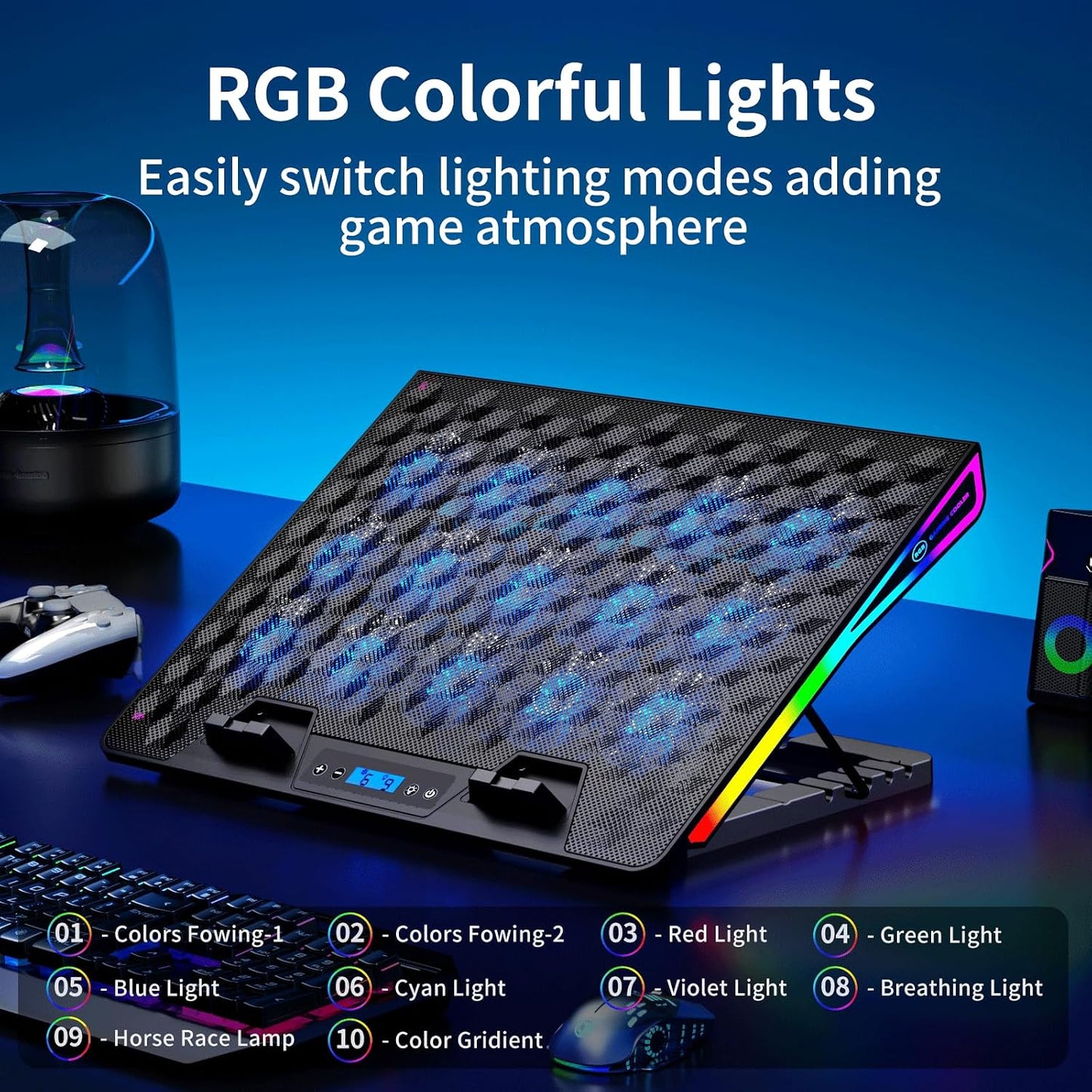 KeiBn Laptop Cooling Pad, Gaming Laptop Fan Cooling Pad with 15 Quiet Fans, RGB Laptop Cooler for 10-17.3 Inch, 4 Height Stands, 2 USB Ports - Blue