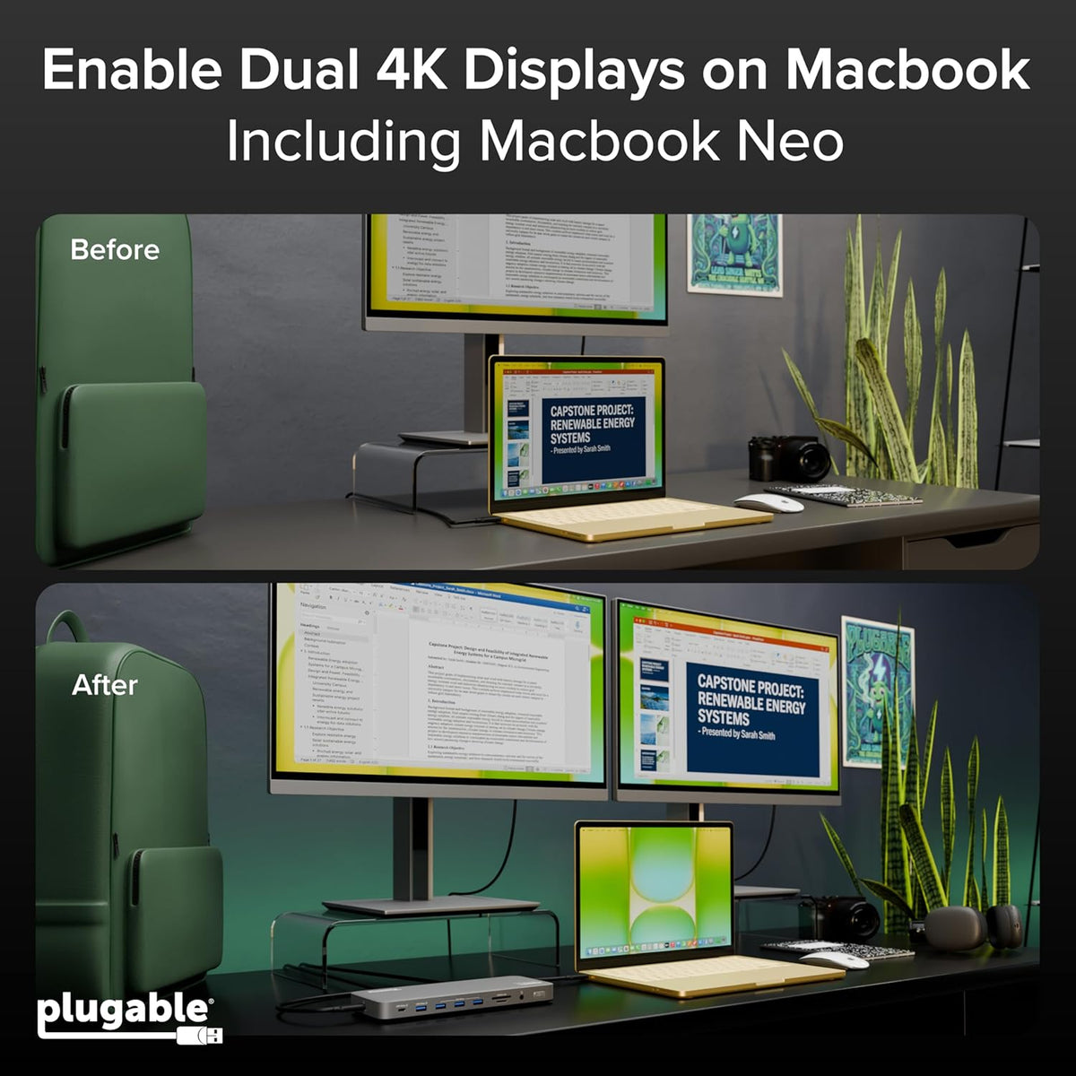 Plugable USB C Laptop Docking Station, Dual Monitor 4K 60Hz for Apple Mac M1/M2/M3/M4/M5,Neo 2X HDMI or DisplayPort for MacBook, 100W Charging DisplayLink Dock, Driver Install Required (UD-6950PDH)