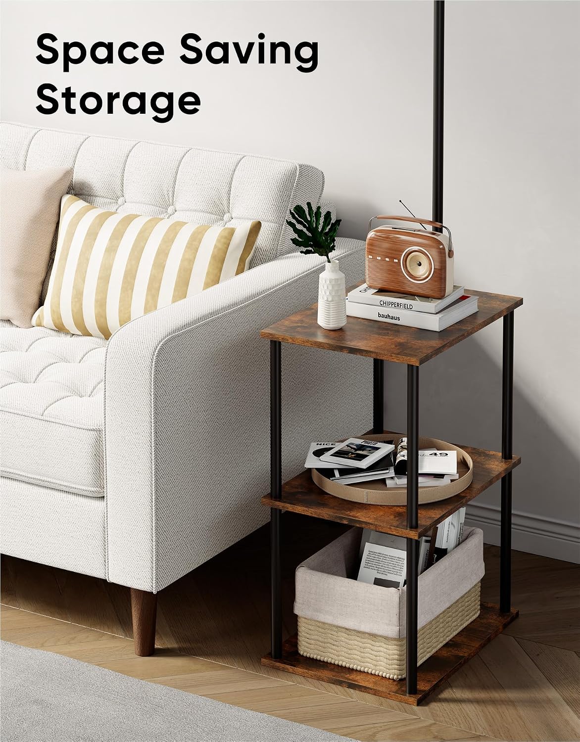 PARTPHONER Floor Lamp with Table, Night Stand with Lamp, Narrow Side Table with 3CCT LED Bulb, Small Coffee Table, Modern End Table with Storage Shelves for Living Room Bedroom Home Décor