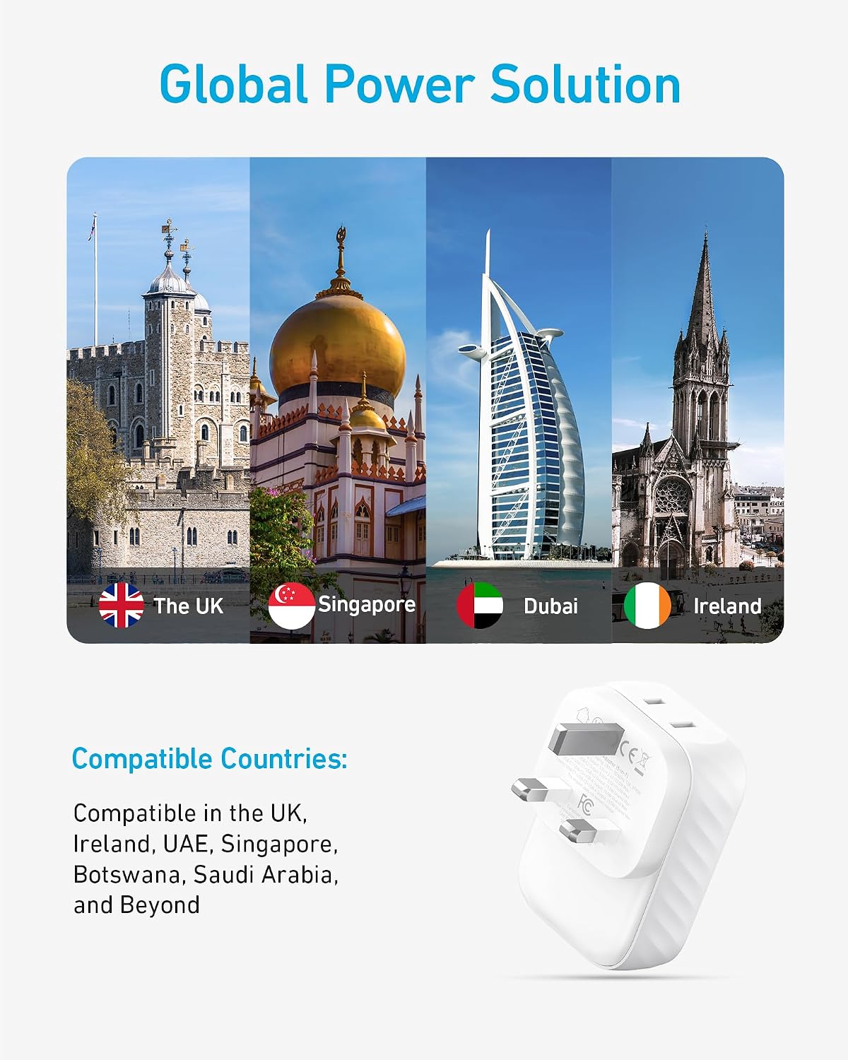 Anker Travel Adapter, Type G Adapter for Travel, US to UK Plug Adapter, 15W | International Travel Essentials, 2 AC, 1 USB A, 2 USB C, Compact for iPhone, iPad, England, Ireland, TUV Listed