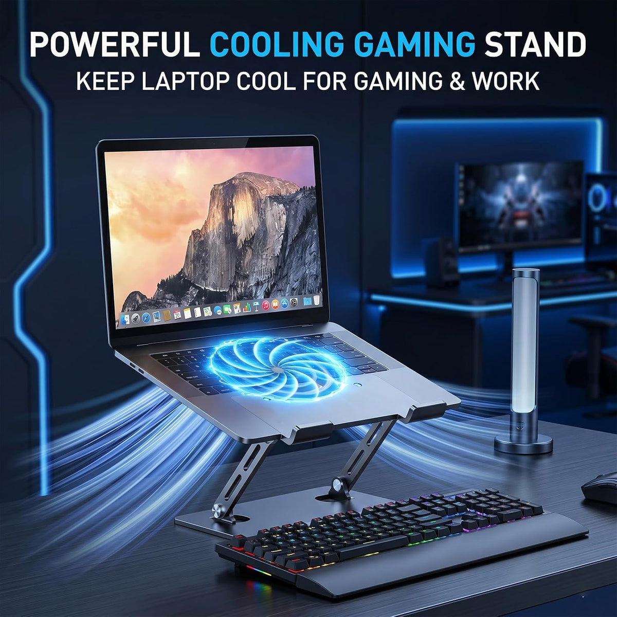 Laptop Cooling Stand with 12cm Turbo Fan, Ergonomic Dual-Axis Laptop Riser with 30cm Height Adjustment & 180° Rotation, 20KG Bearing Desk Stand for 11"-17" Laptops, Tablets, Gaming & Work (Silver)