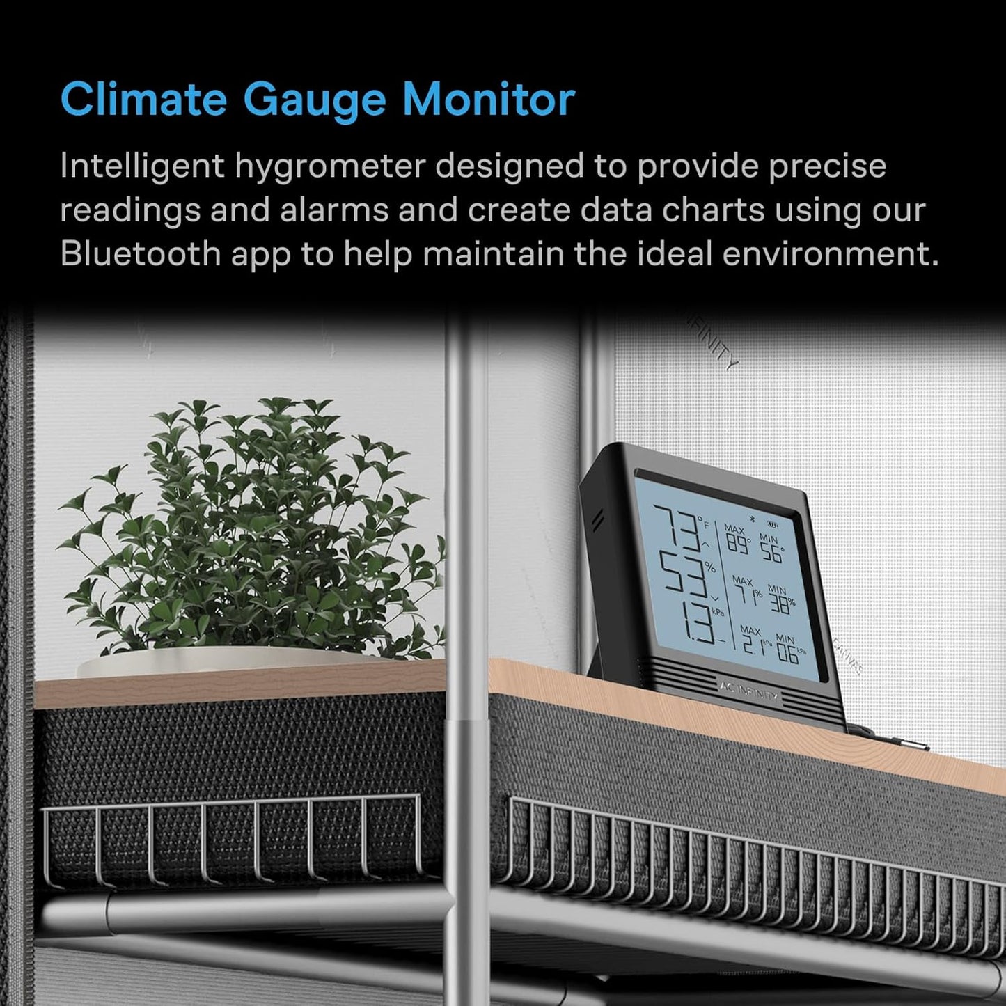 AC Infinity Temperature Humidity VPD Smart Hygrometer B1 with LCD Display & Bluetooth App Monitor, Climate Gauge Thermometer Sensor Probe for Basements, Guitar Rooms, Grow Tents, Greenhouses