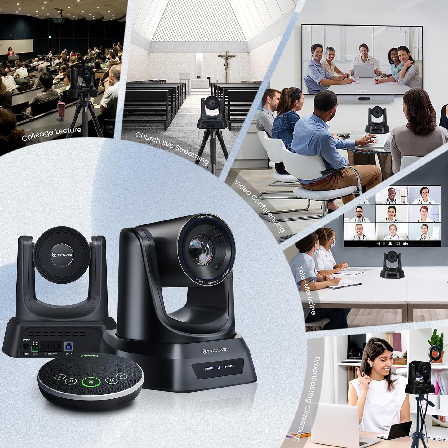 TONGVEO AI Wireless PTZ Camera System with Auto Tracking Built-in Receiver & Bluetooth Speakerphone, 5.8GHz 1080P 60fps Conference Camera with 3X Optical Zoom, for Church Zoom, OBS Meetings