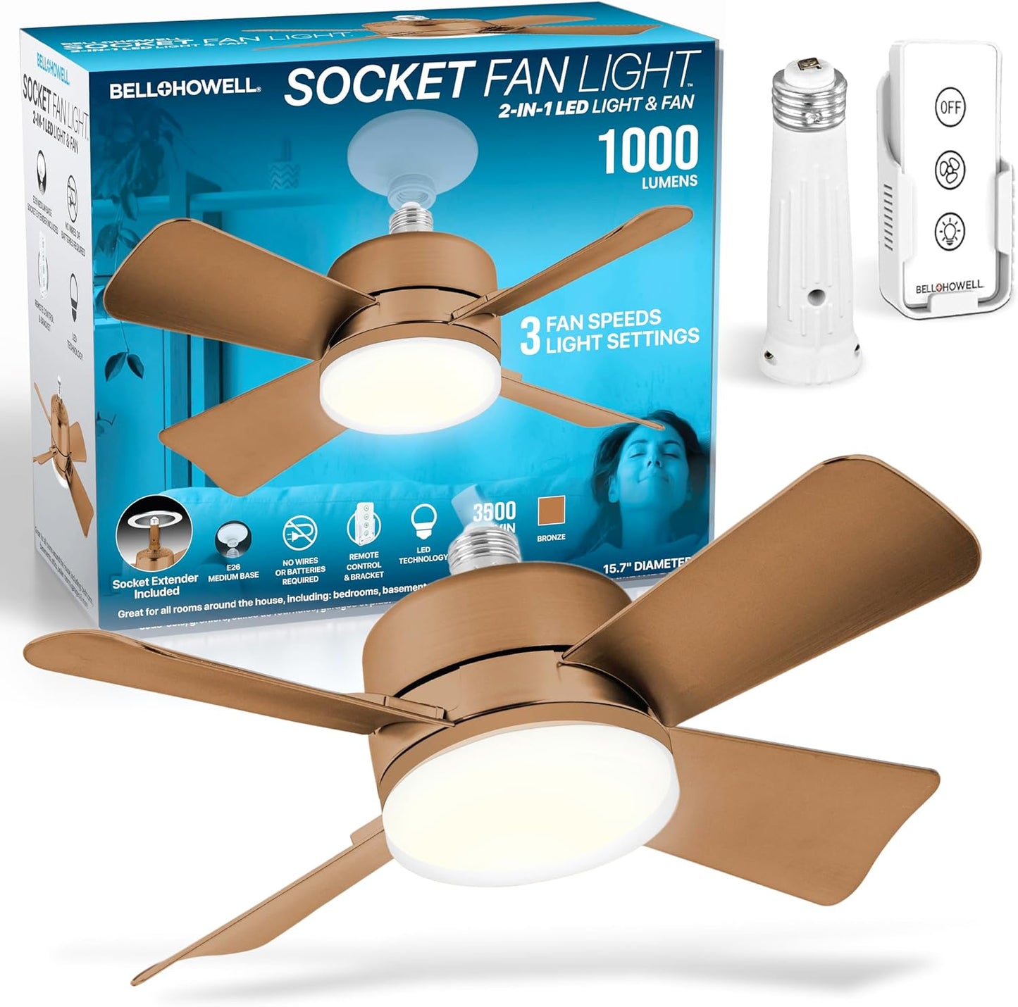 SOCKET BREEZE 15.4" Socket Fan Light Celing Fan with Remote Control | 1000 Lumens, 3 Speed & Light Modes, Portable Easy to Install Ceiling Fans Replacement for Bedroom, Bathroom, Living Room